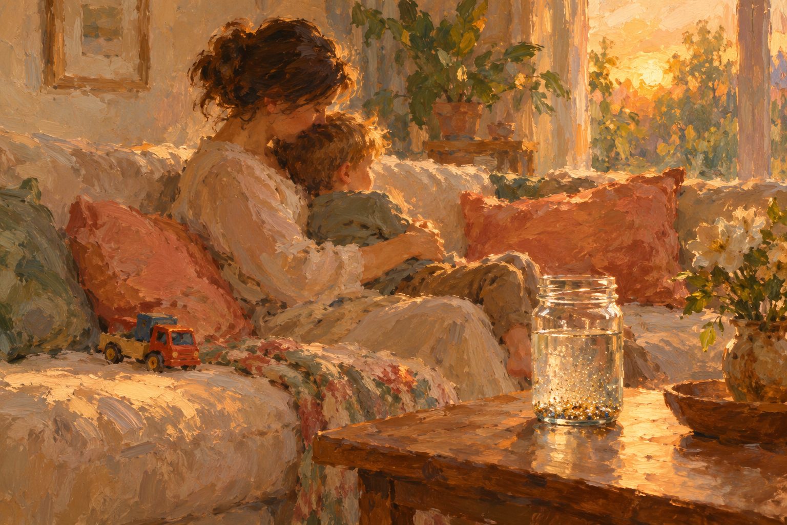 Pintura impresionista de un nino ya calmado junto a un adulto con un frasco de purpurina asentandose, sobre la regulacion emocional en ninos