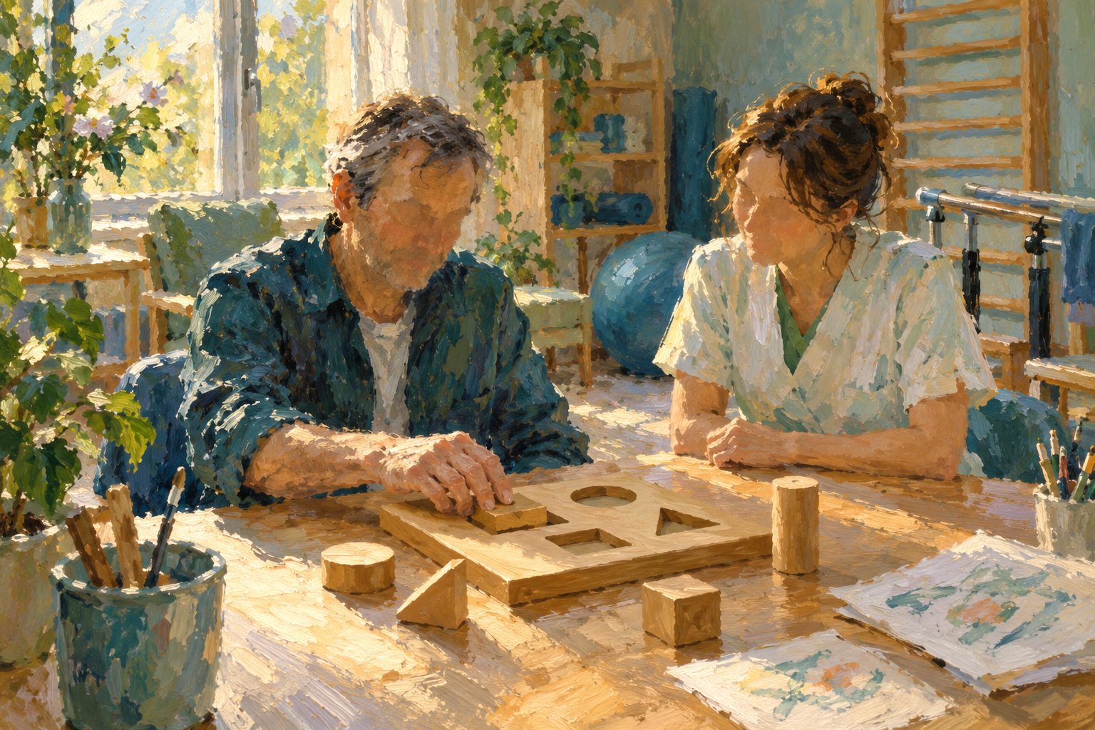 Pintura impresionista de un hombre en terapia de rehabilitación cognitiva tras un TEC con su terapeuta