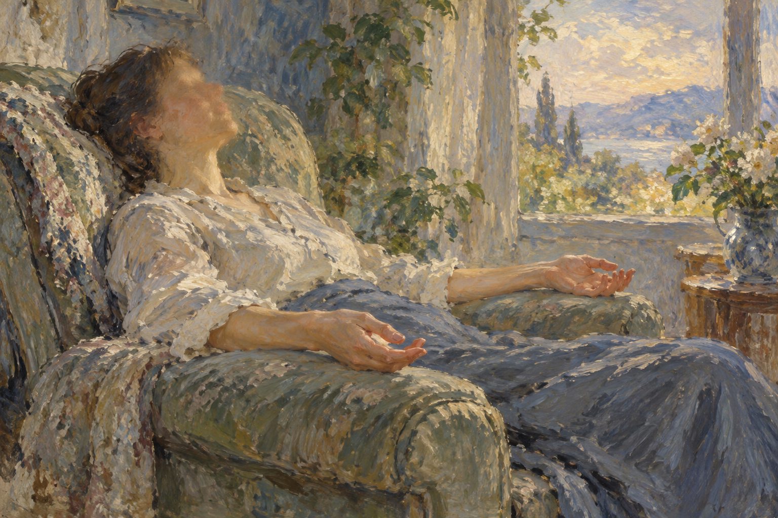 Pintura impresionista de una persona recostada con las manos relajadas, sobre la relajacion muscular progresiva de Jacobson
