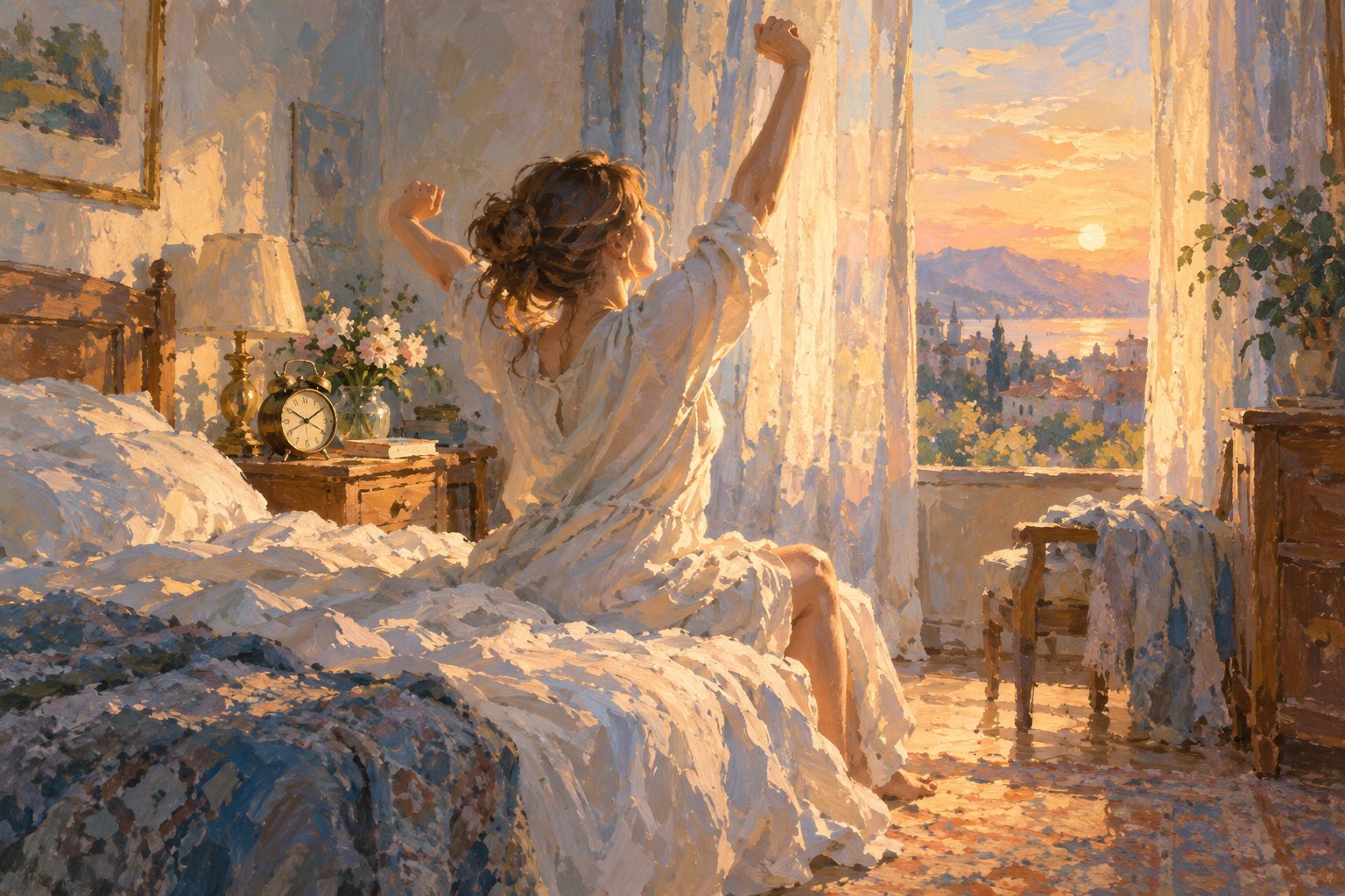 Pintura impresionista de un dormitorio al amanecer, sobre la restriccion del sueno en TCC-I