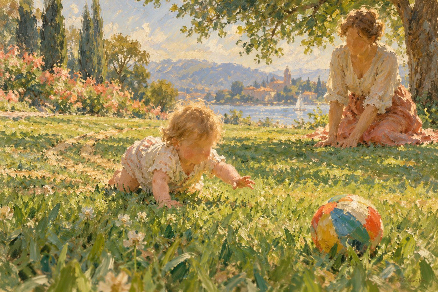 Pintura impresionista de un bebe gateando hacia un juguete con un adulto esperando cerca, sobre el retraso del desarrollo psicomotor
