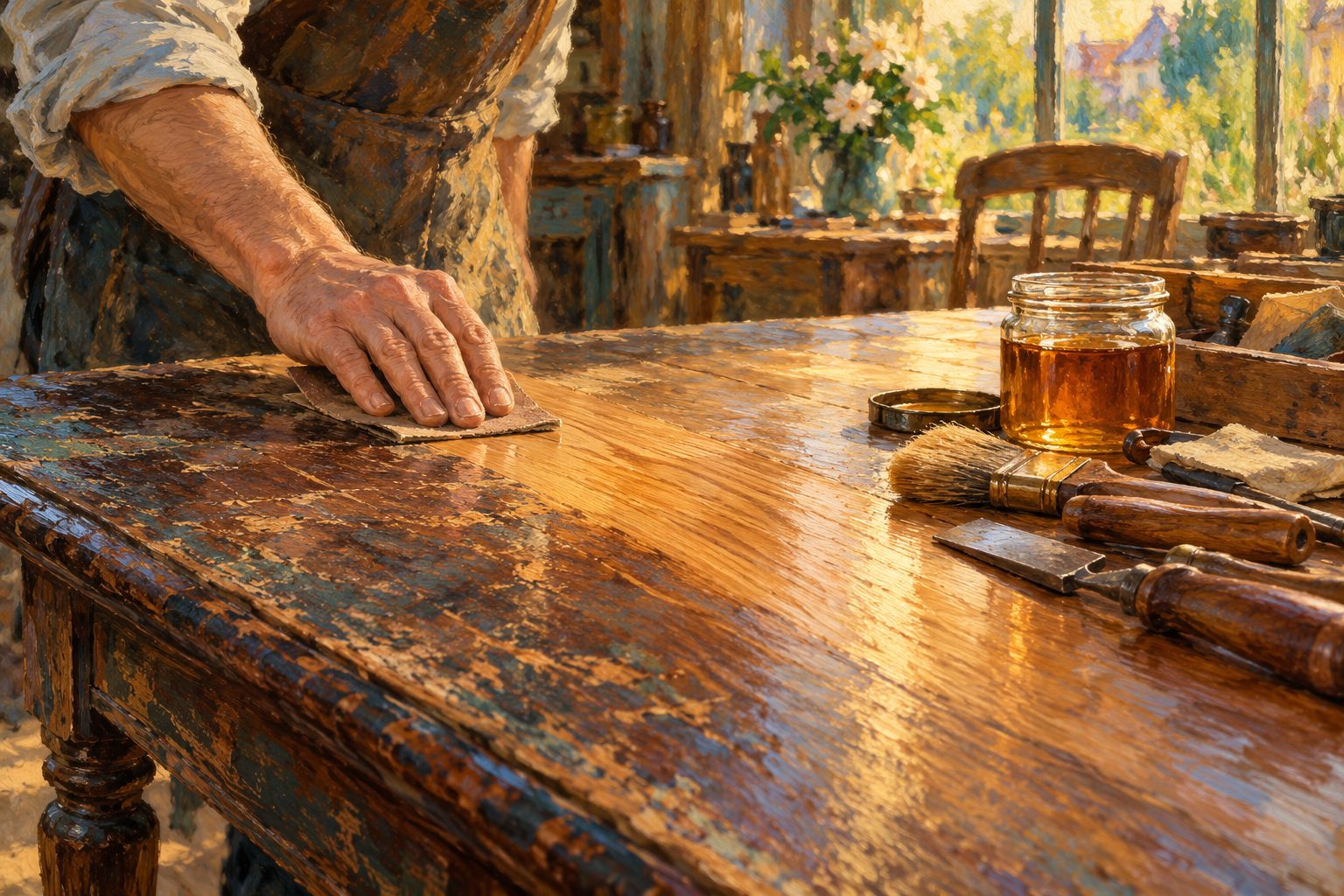 Pintura impresionista de una mano restaurando una vieja mesa de madera hasta revelar su grano sano, sobre las secuelas del bullying en la vida adulta