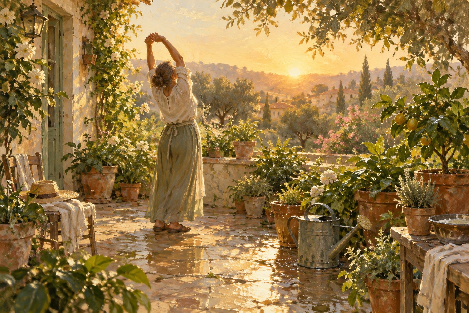 Pintura impresionista de una mujer respirando al amanecer en su jardin, sobre el sindrome del cuidador y el agotamiento