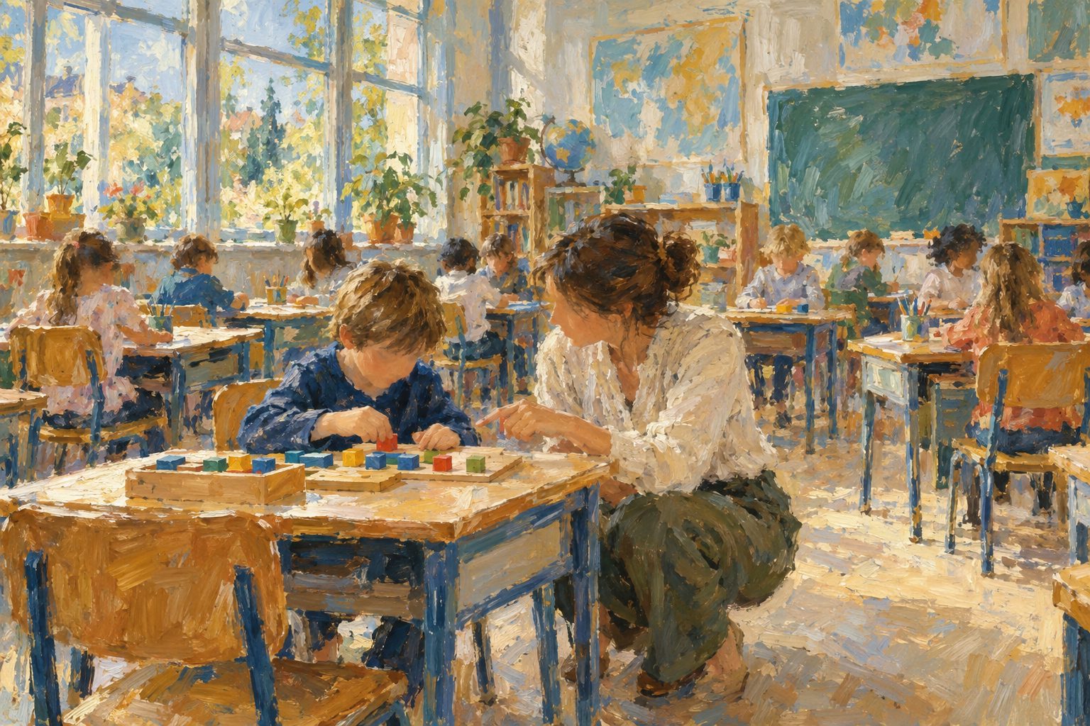 Pintura impresionista de una profesora de apoyo trabajando con un nino en el aula, sobre el TDAH y el colegio en Chile con PIE y Decreto 170
