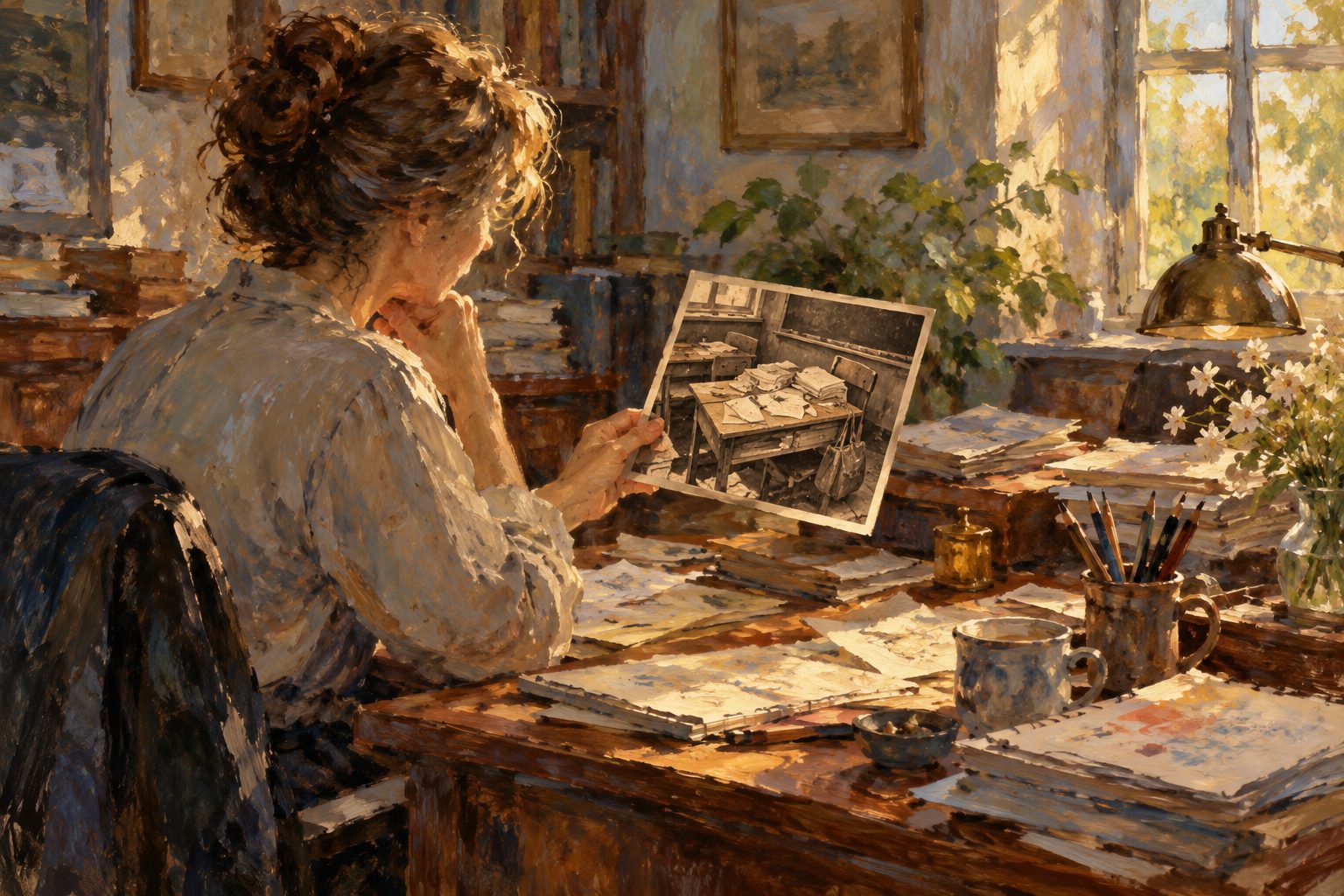 Pintura impresionista de un adulto mirando una vieja foto escolar entre papeles de oficina, TDAH diagnosticado en la adultez