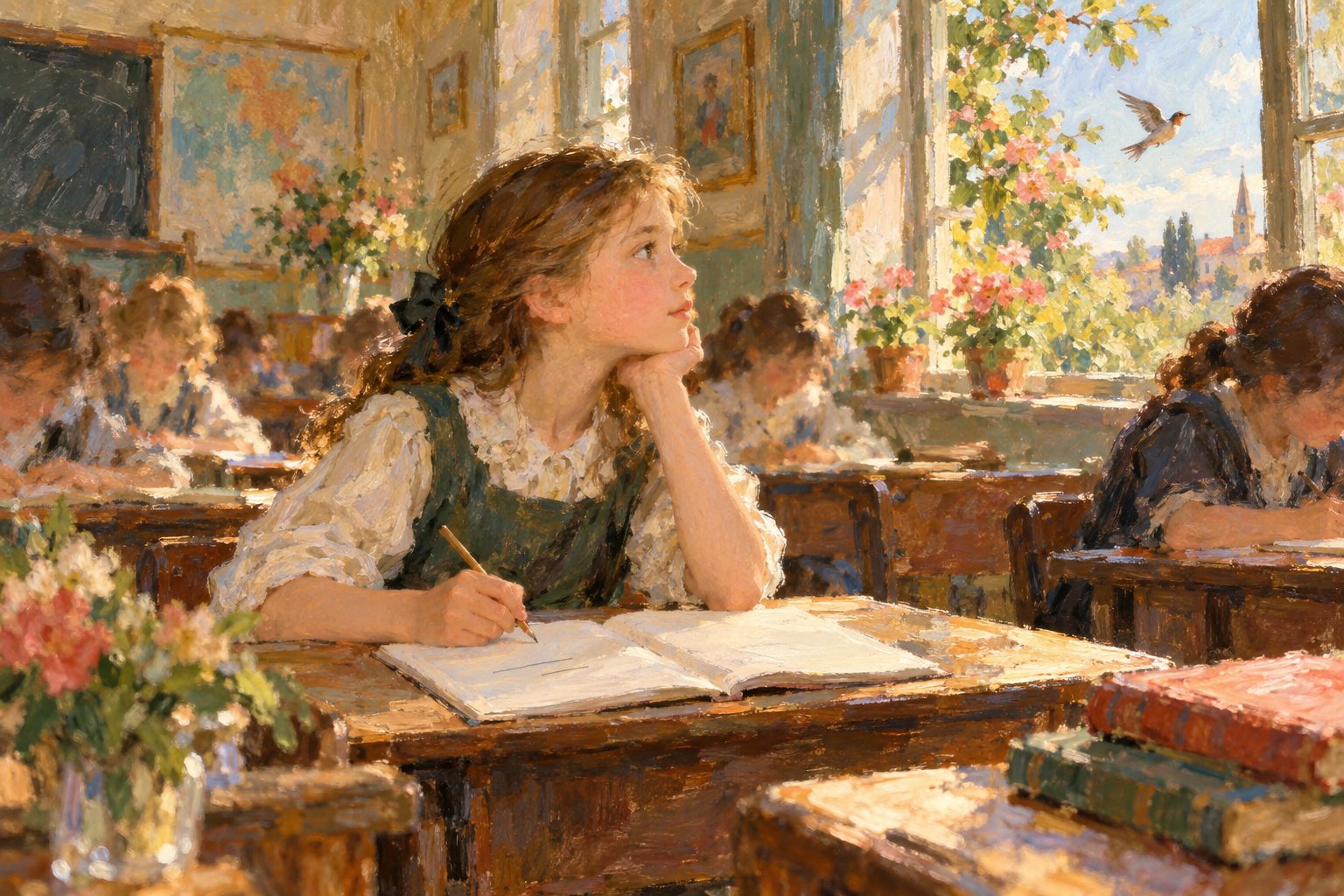 Pintura impresionista de una nina quieta en su pupitre con la mirada perdida en la ventana, sobre el TDAH en ninas y su diagnostico tardio