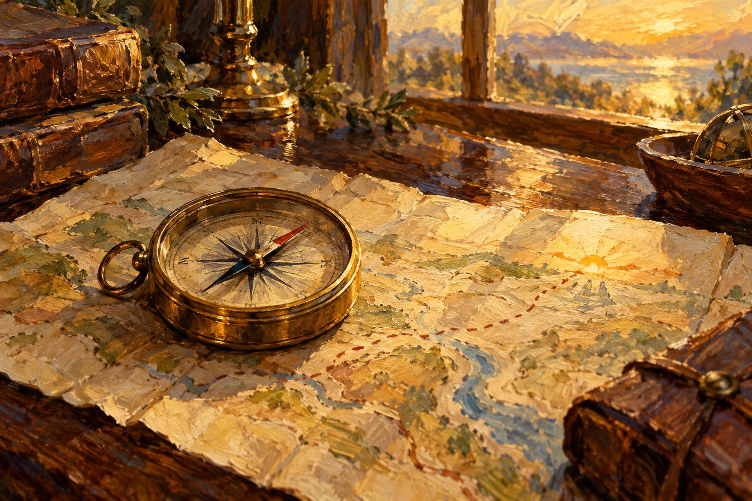 Pintura impresionista de una brujula asentandose sobre un mapa, sobre la terapia de solucion de problemas y los pasos de D'Zurilla