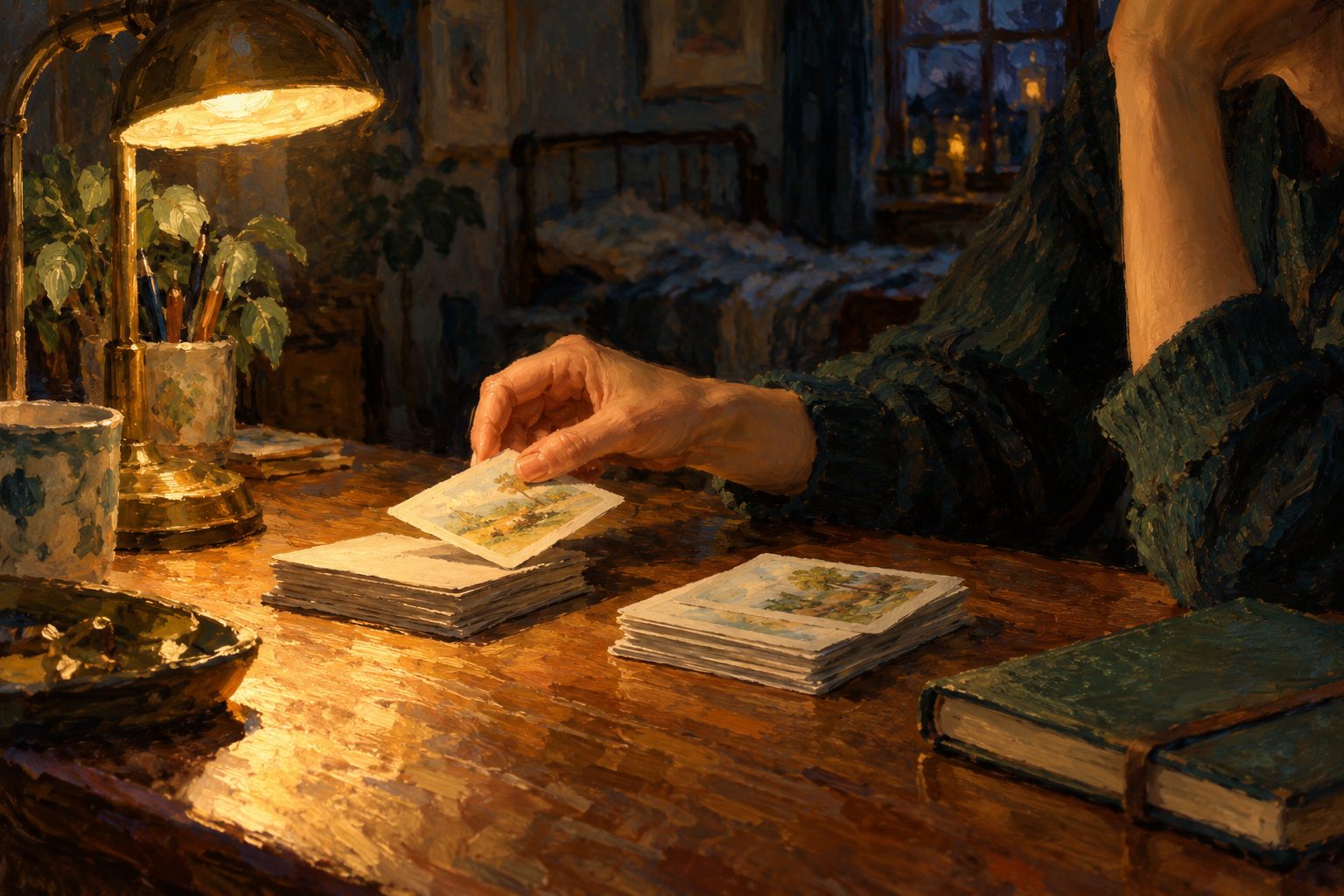 Pintura impresionista de una mano moviendo tarjetas de repaso entre dos montones bajo la luz de una lampara, sobre las tecnicas de estudio con evidencia