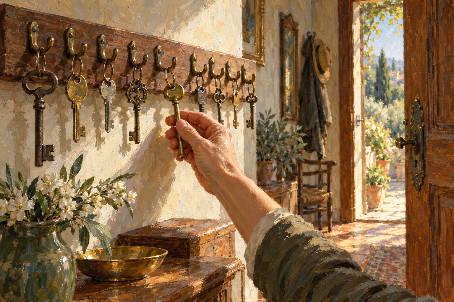 Pintura impresionista de una mano descolgando una de diez llaves distintas, sobre las tecnicas de la terapia cognitivo conductual