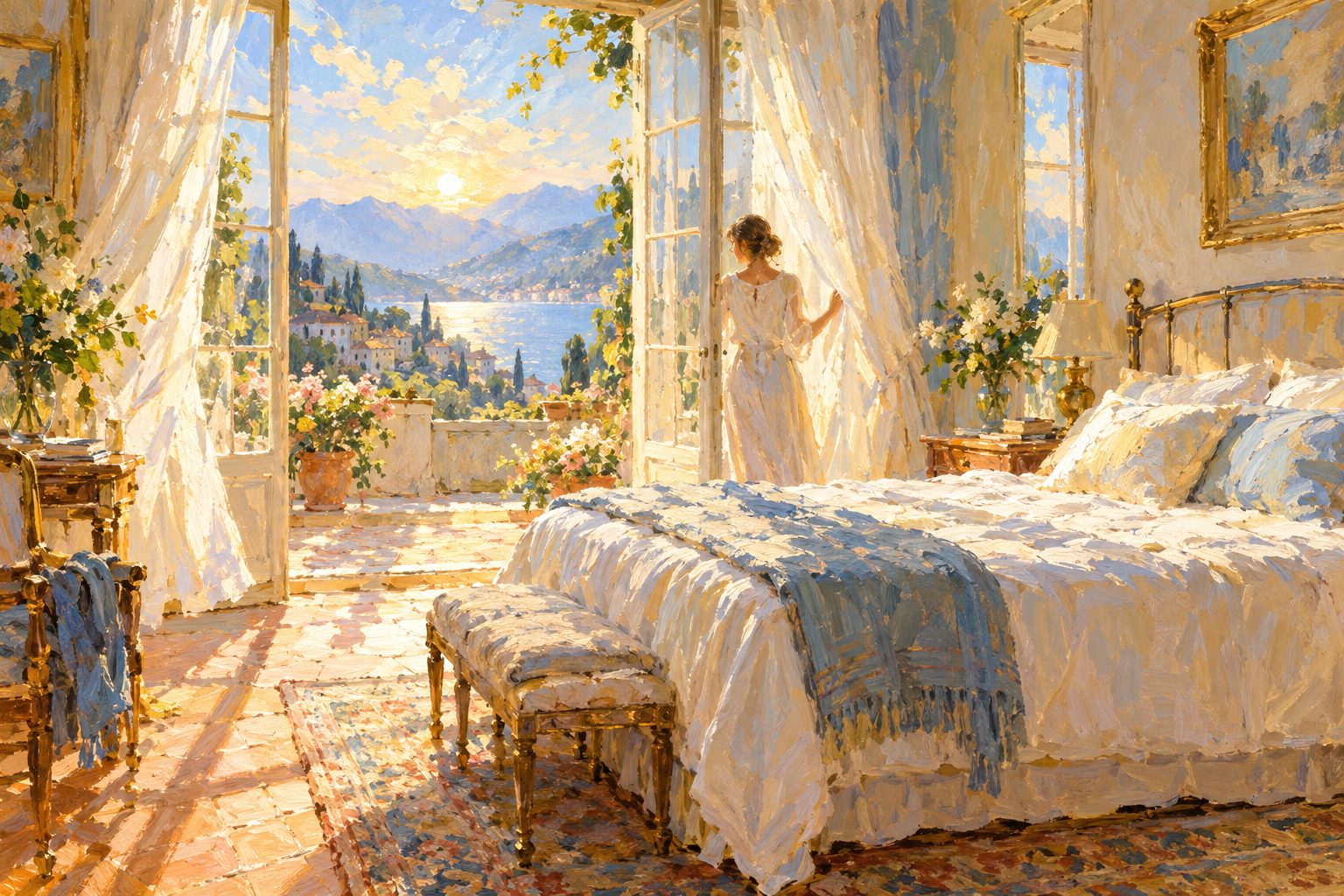 Pintura impresionista de un dormitorio luminoso por la mañana, sobre la terapia cognitivo conductual para el insomnio