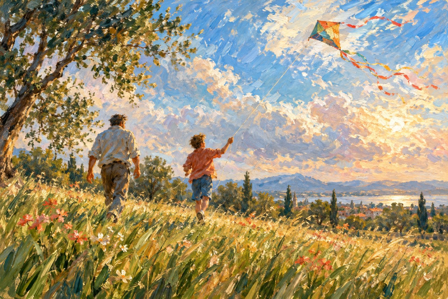 Pintura impresionista de un adolescente sosteniendo una cometa inestable mientras sigue caminando, sobre la terapia ACT para adolescentes