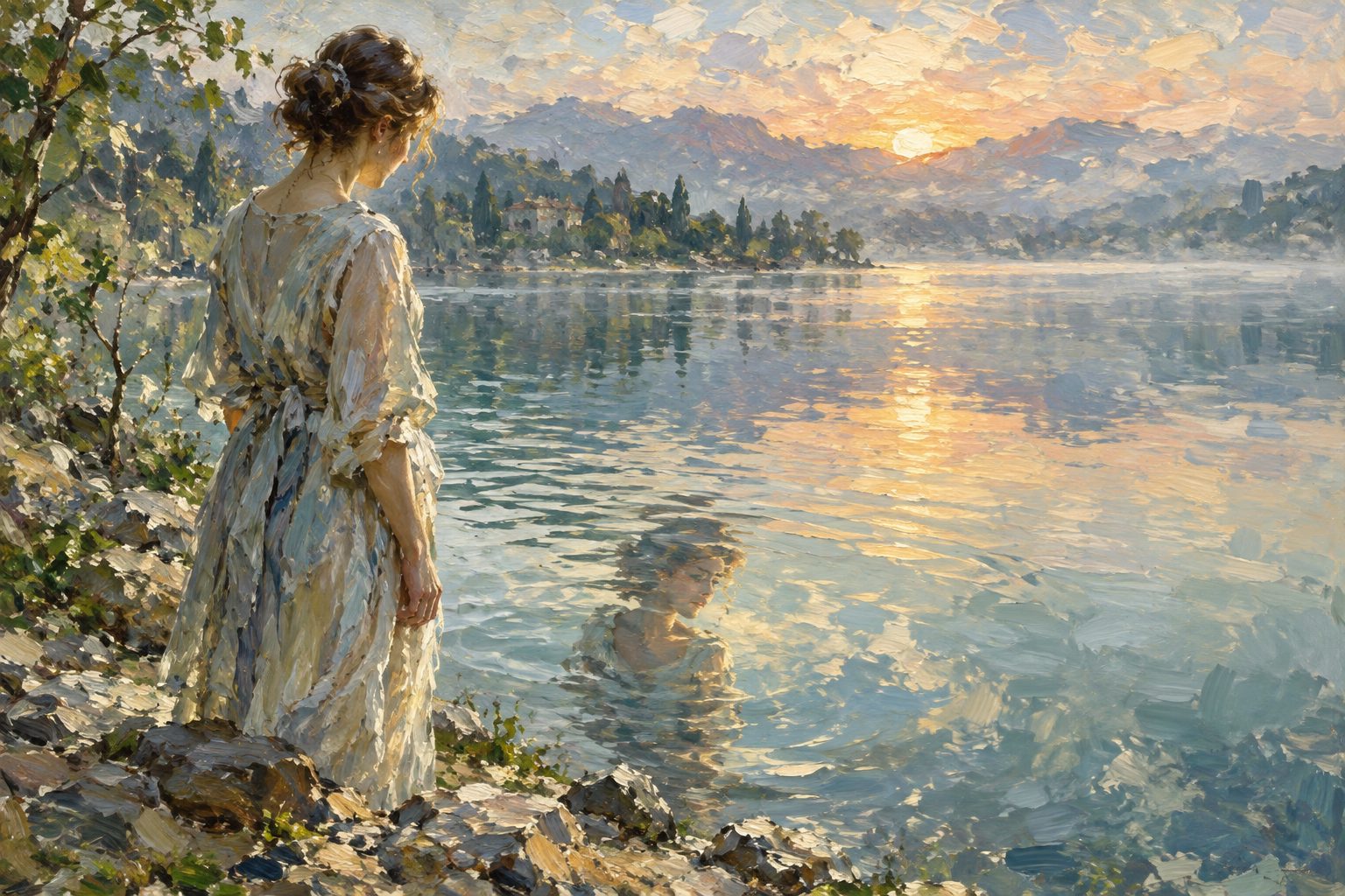 Pintura impresionista de una persona ante su reflejo en el agua, sobre el test de disociación DES-II