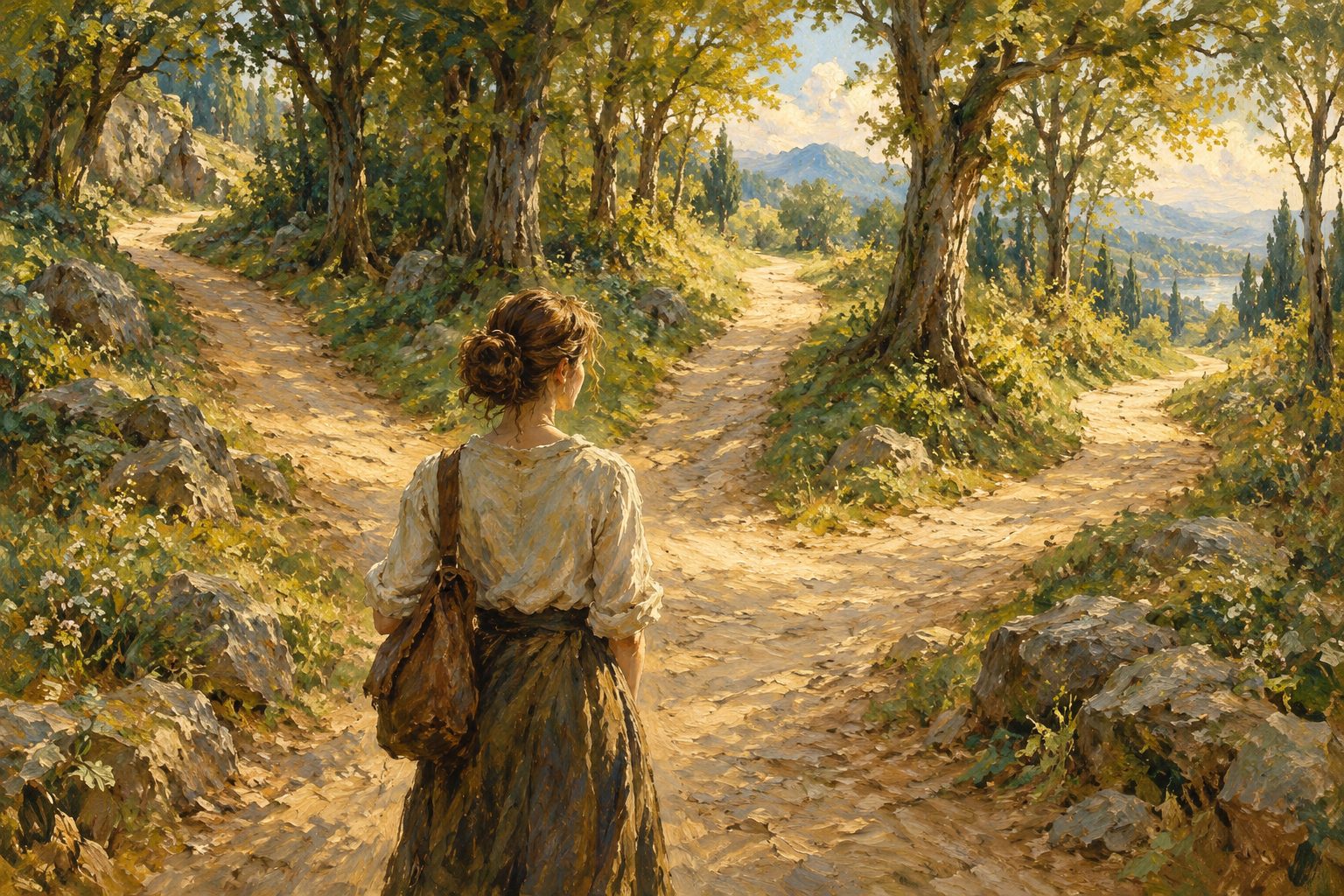 Pintura impresionista de una persona ante un cruce de tres caminos en un bosque, sobre el test de estilos de afrontamiento Brief COPE