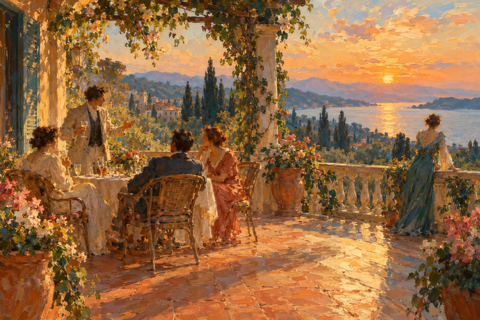 Pintura impresionista de una reunion con alguien conversando animado y otra persona disfrutando en silencio, sobre el test de introversion y extroversion