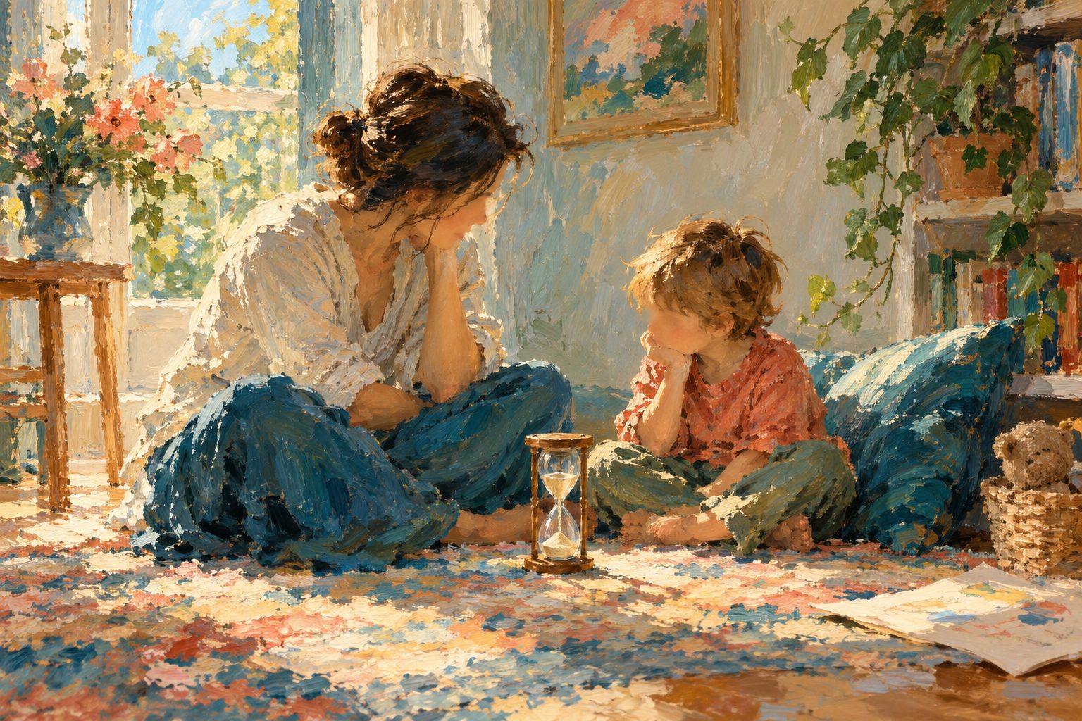 Pintura impresionista de un adulto y un niño esperando en calma, sobre el tiempo fuera bien hecho