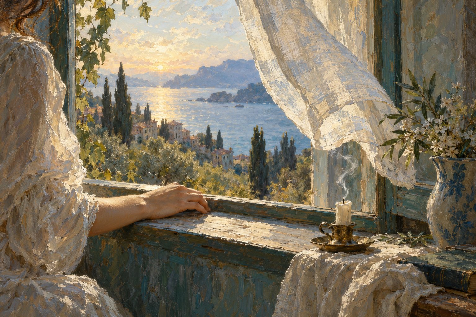 Pintura impresionista de una cortina meciendose al ritmo del aire junto a una ventana, sobre los tiempos de respiracion para la ansiedad