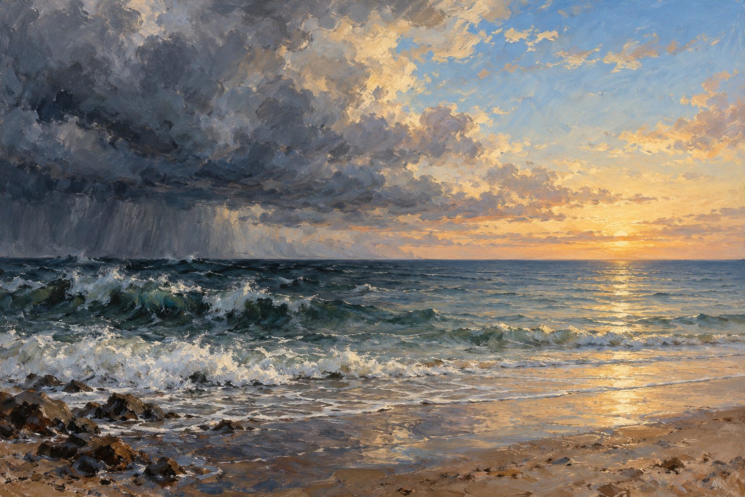Pintura impresionista de un horizonte marino entre tormenta y calma, ilustracion de los tipos de trastorno bipolar