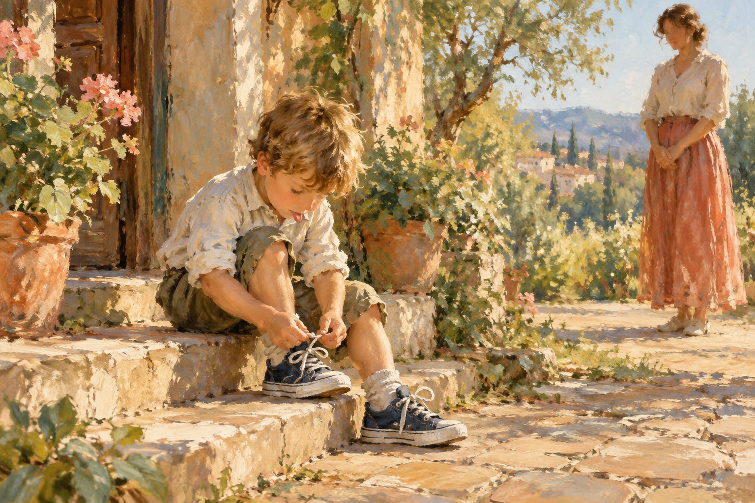 Pintura impresionista de un nino atandose los cordones mientras un adulto espera, sobre la tolerancia a la frustracion