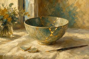 Pintura impresionista de un cuenco de ceramica reparado con vetas doradas, sobre el trastorno de estres postraumatico