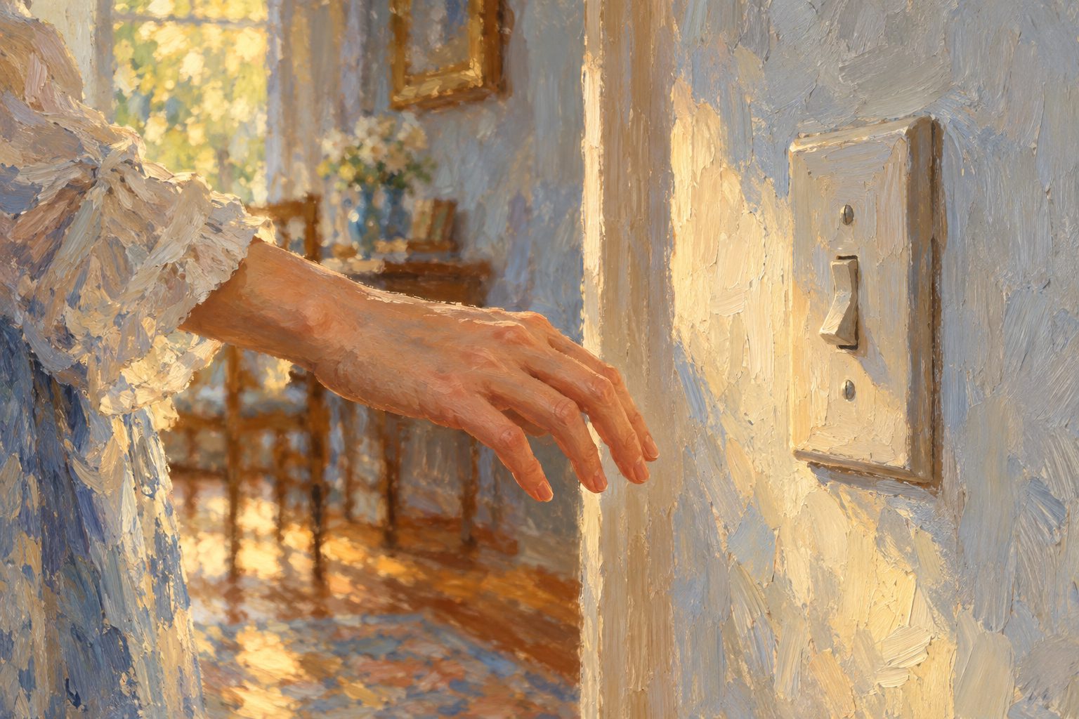 Pintura impresionista de una mano alejandose de un interruptor sin volver a comprobarlo, sobre el TOC y la exposicion con prevencion de respuesta