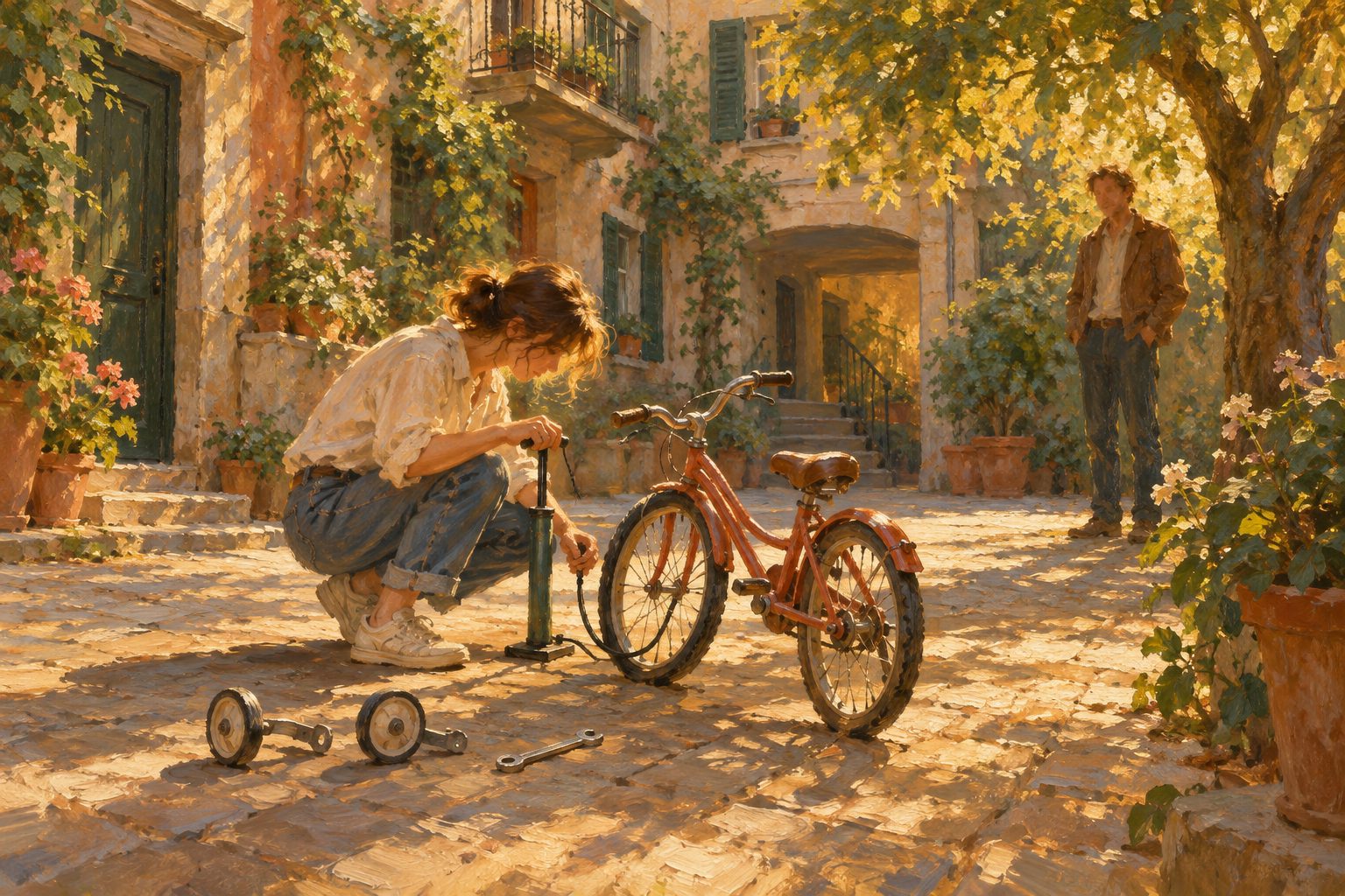Pintura impresionista de una persona arreglando sola su bicicleta, sobre el trastorno de personalidad dependiente