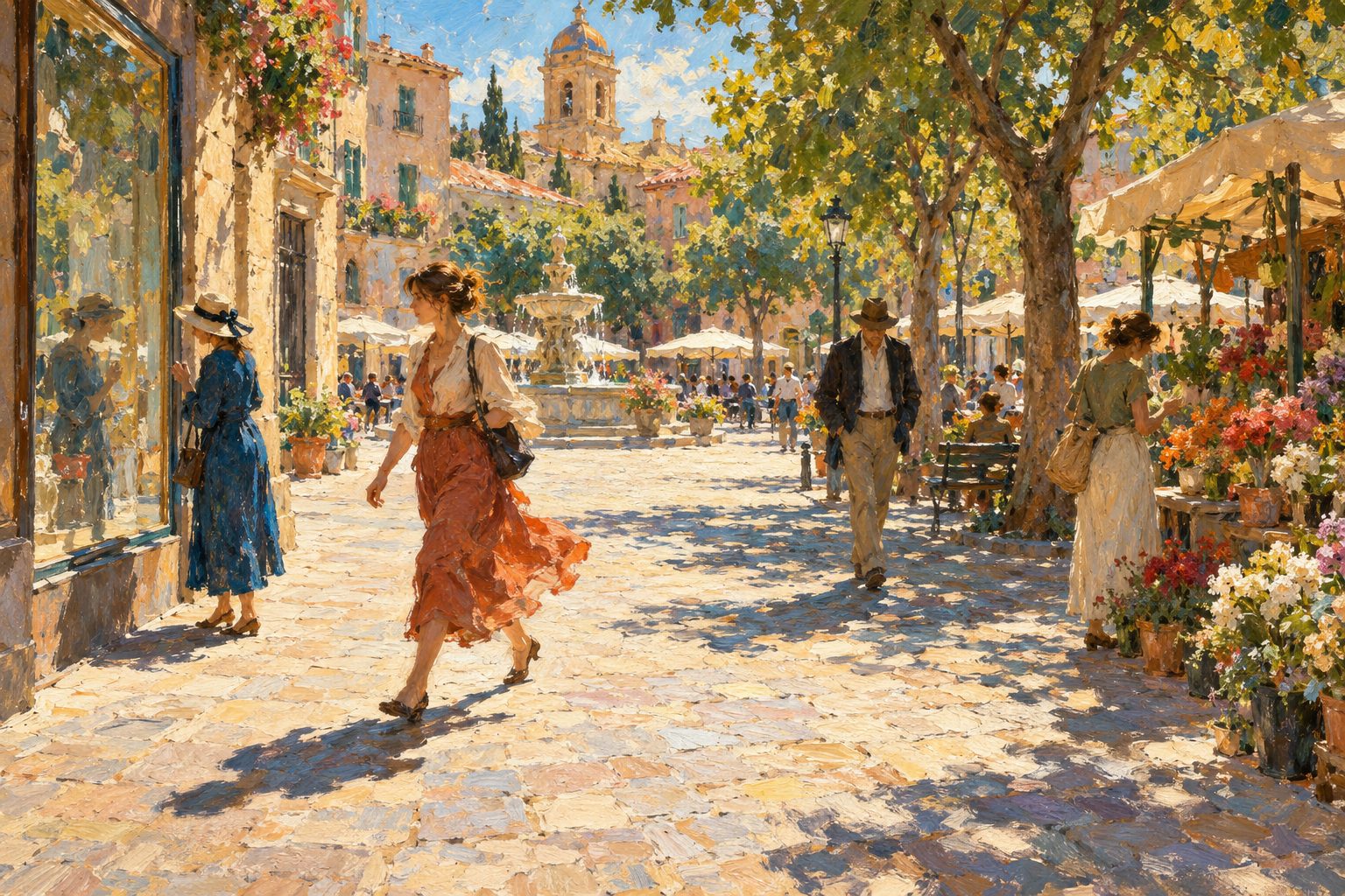 Pintura impresionista de cuatro personas cruzando una plaza cada una a su propio paso, sobre el cluster B de los trastornos de personalidad