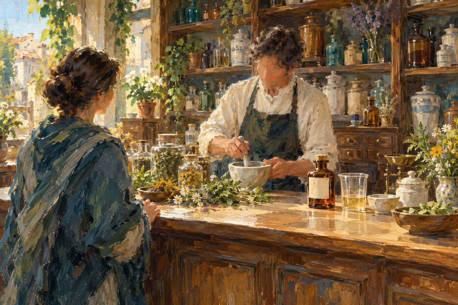 Pintura impresionista de dos caminos de tratamiento preparados juntos en un meson, sobre el tratamiento de la ansiedad