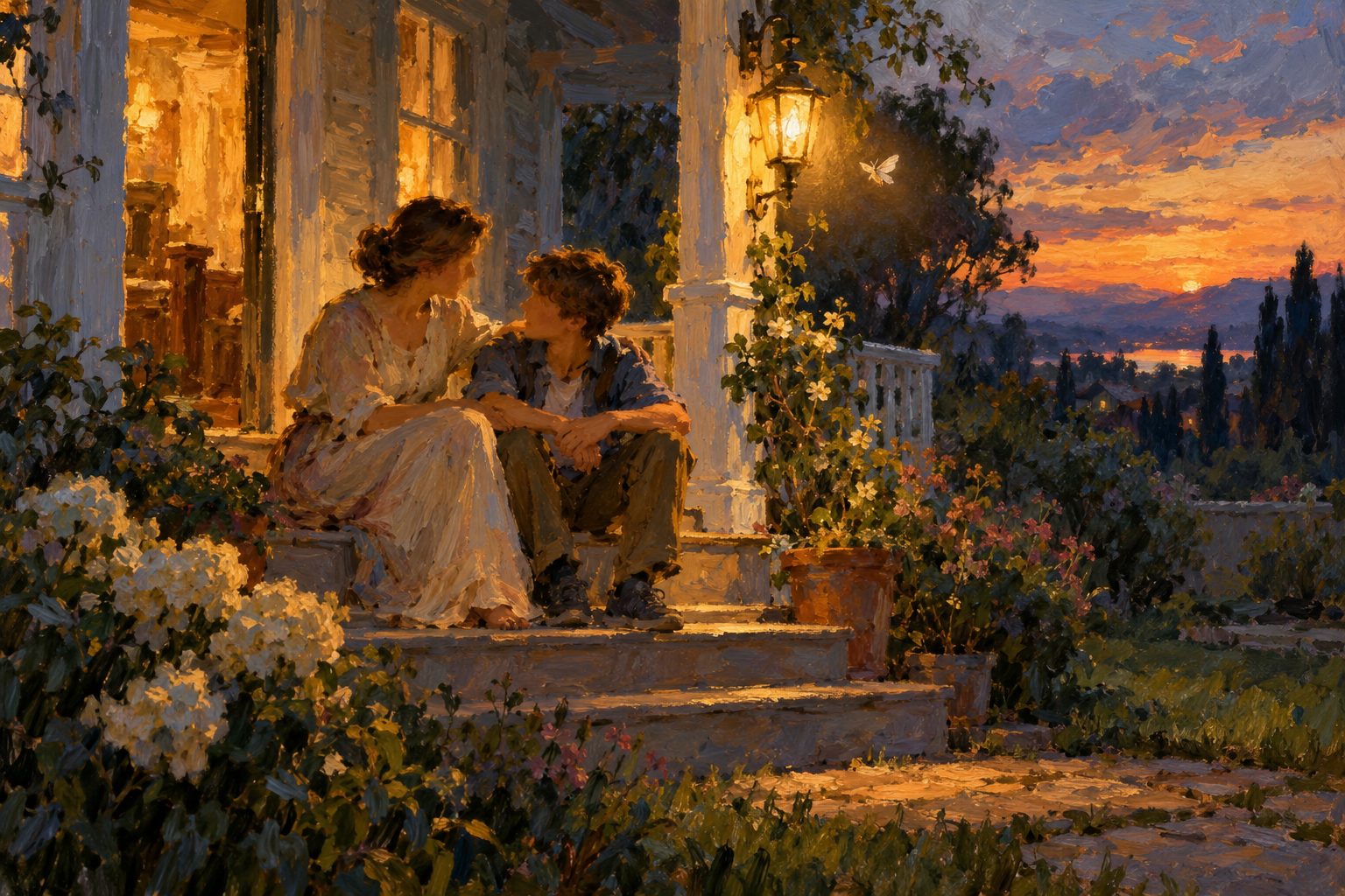 Pintura impresionista de una madre y su hijo adolescente conversando, sobre los riesgos del vapeo en adolescentes