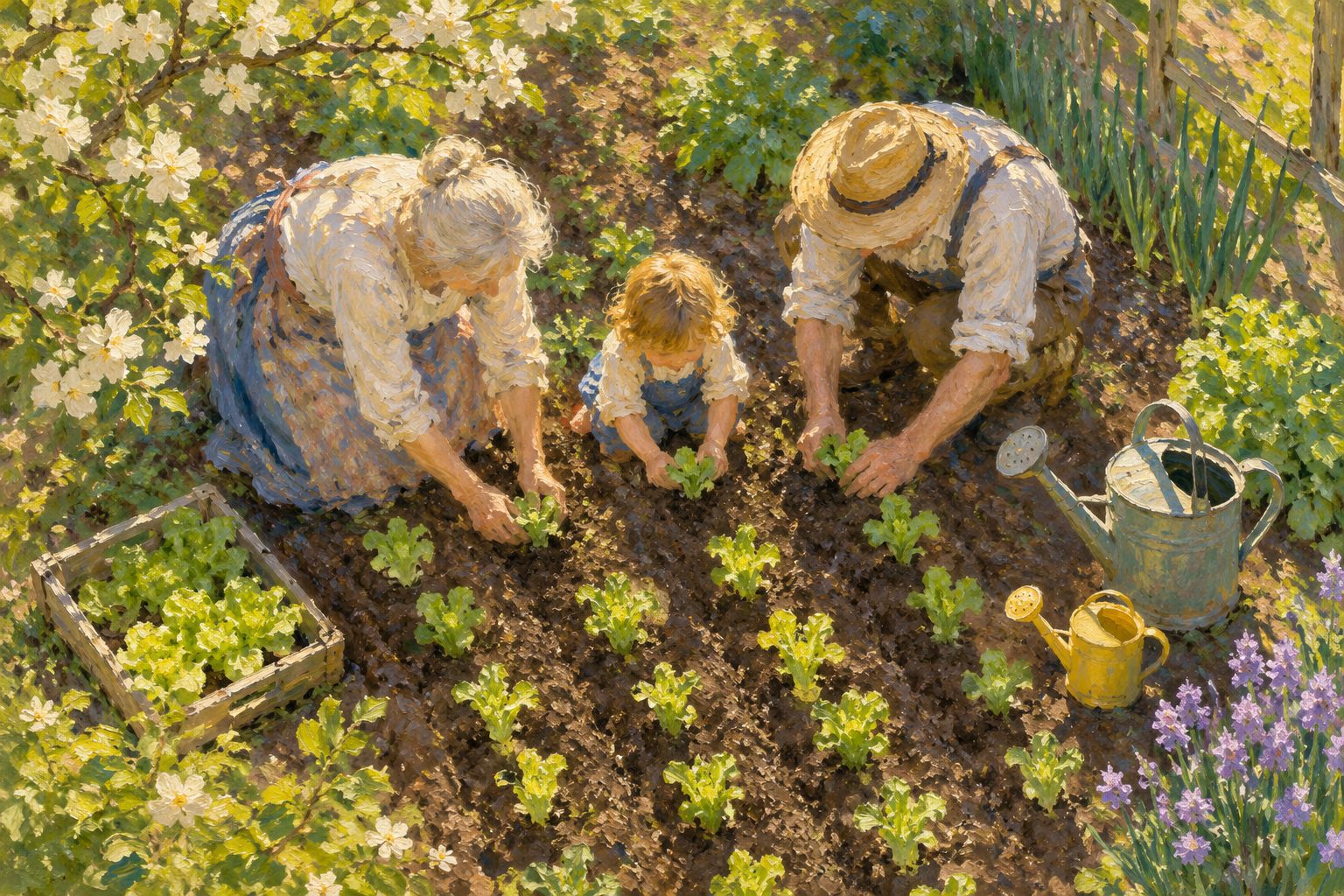 Pintura impresionista de unos abuelos plantando lechugas en un huerto con su nieto, sobre abuelos que crian a sus nietos