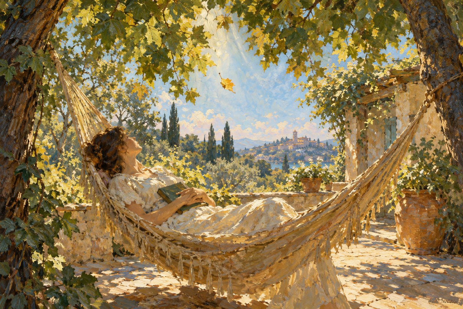 Pintura impresionista de una persona en una hamaca mirando las hojas, aburrimiento existencial