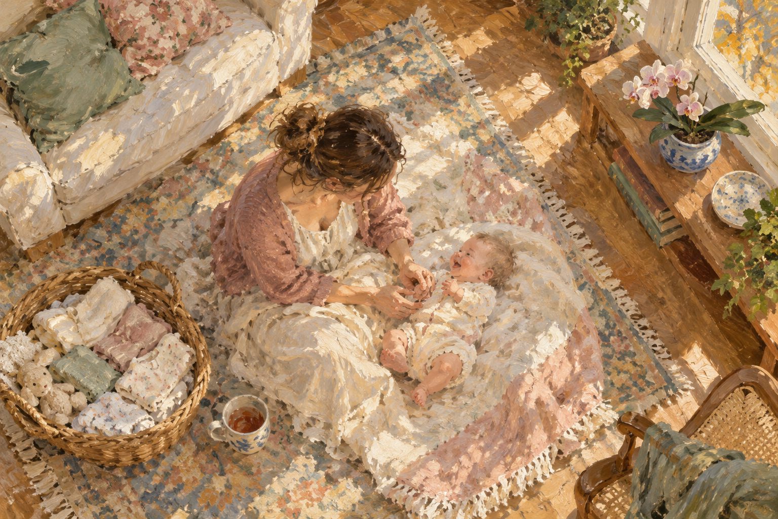 Pintura impresionista de una madre y su bebé sobre una manta, ilustración de aceptar mi cuerpo después del embarazo