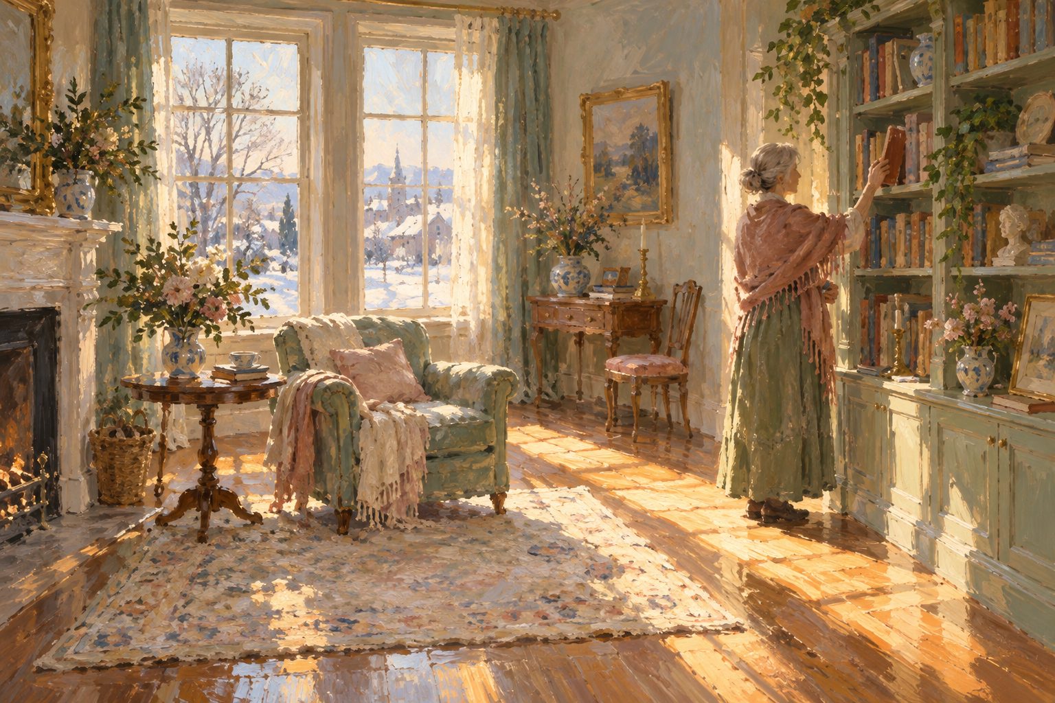 Pintura impresionista de una mujer en una sala luminosa y ordenada, ilustracion sobre el acumulador compulsivo y el trastorno de acumulacion