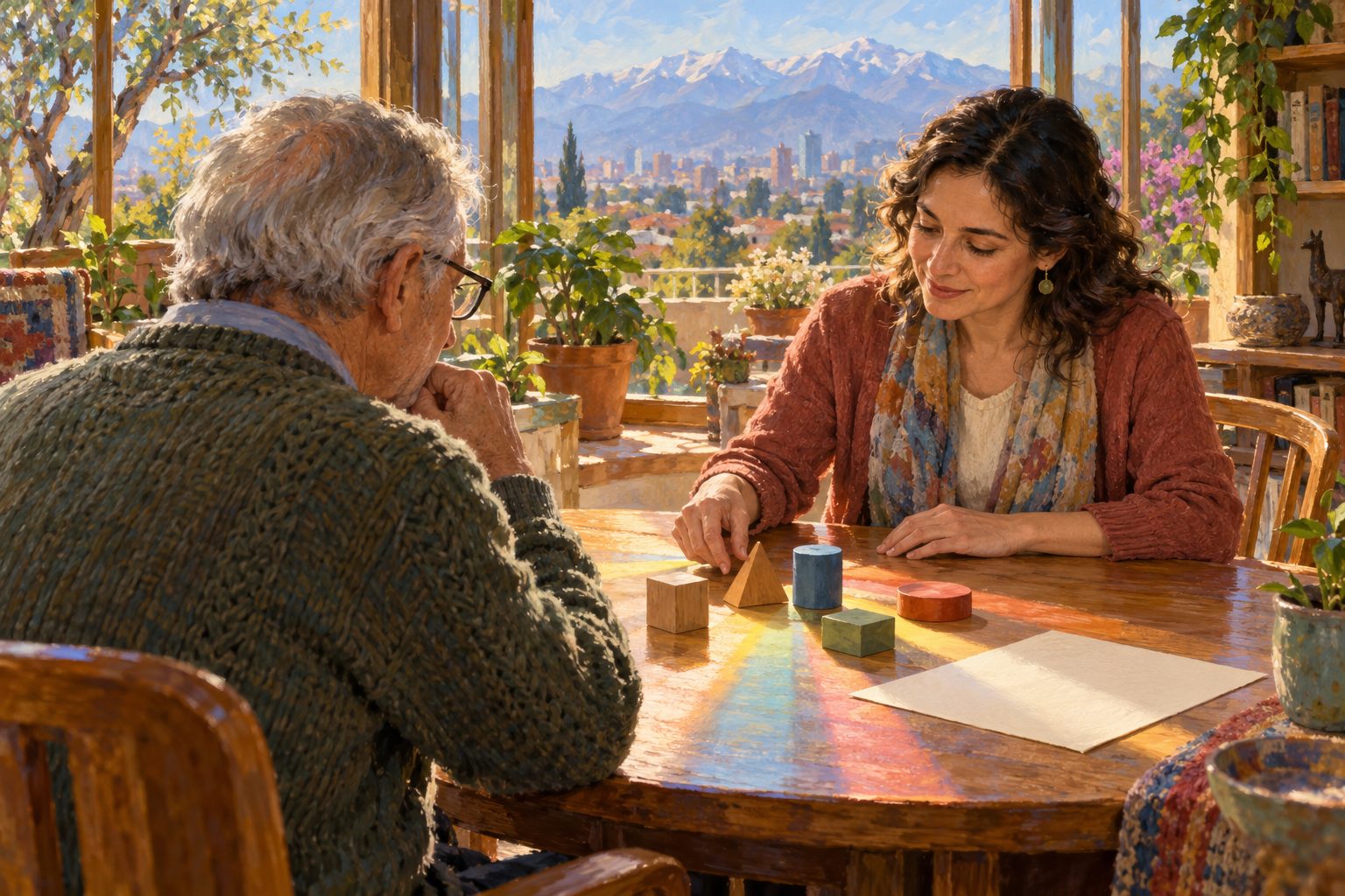 Pintura impresionista de una evaluación cognitiva ACE-III entre una persona mayor y una neuropsicóloga