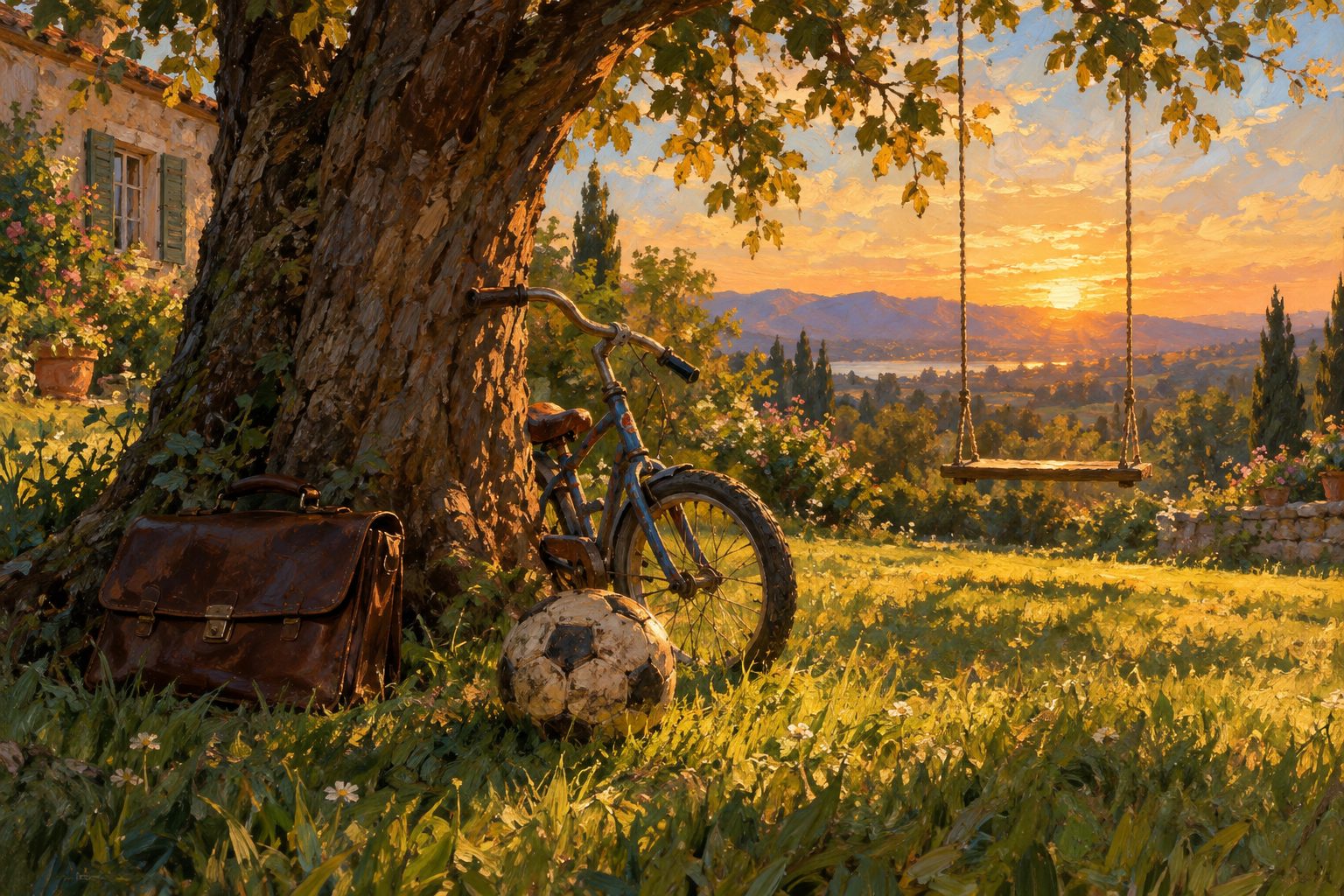 Pintura impresionista de un maletín cerrado junto a un balón en el jardín, ilustración de la adicción al trabajo