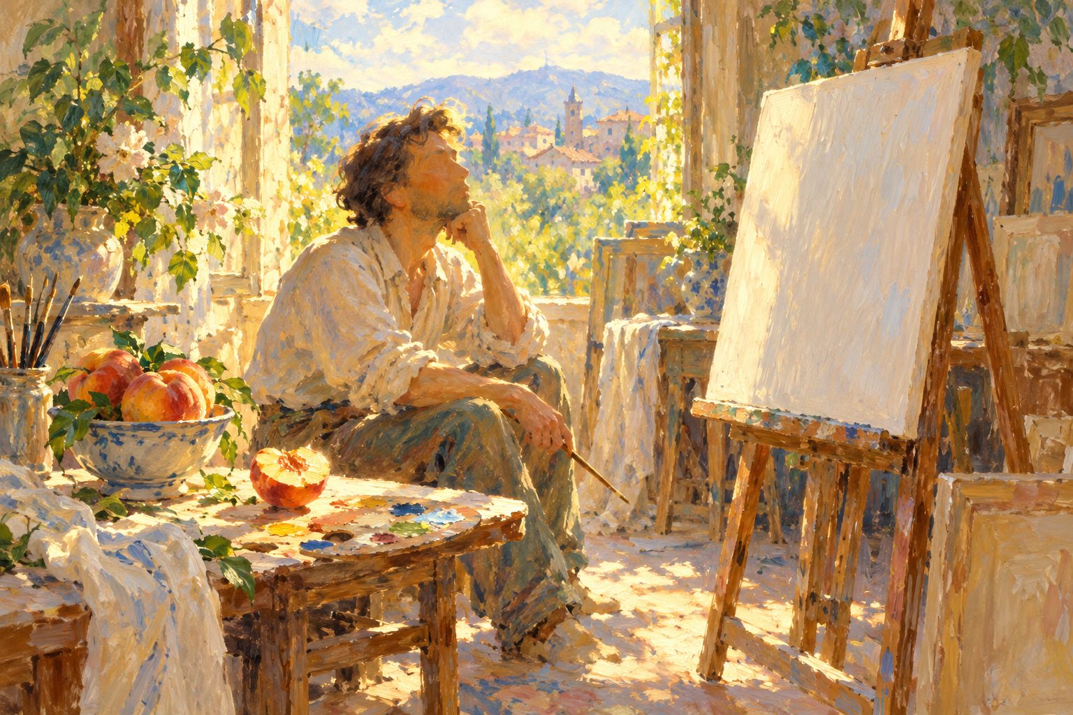 Pintura impresionista de un hombre con los ojos cerrados frente a un lienzo en blanco, ilustración sobre qué es la afantasía