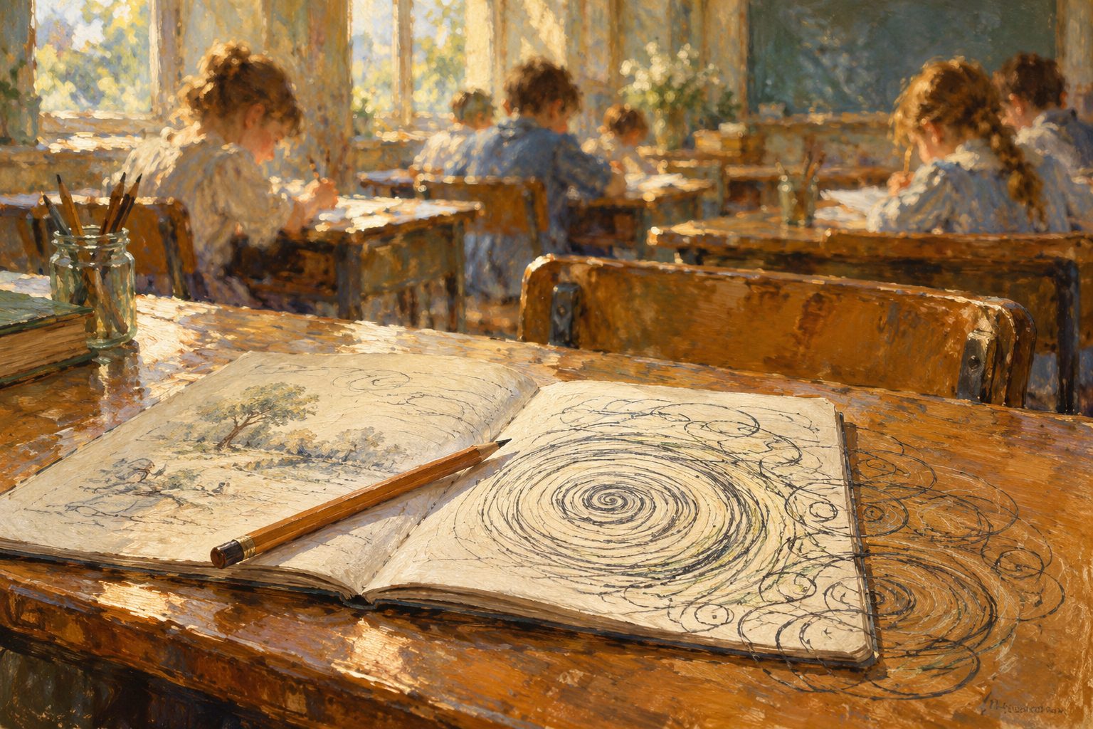 Pintura impresionista de un cuaderno escolar con una espiral dibujada en el margen, ilustración de las altas capacidades en el colegio