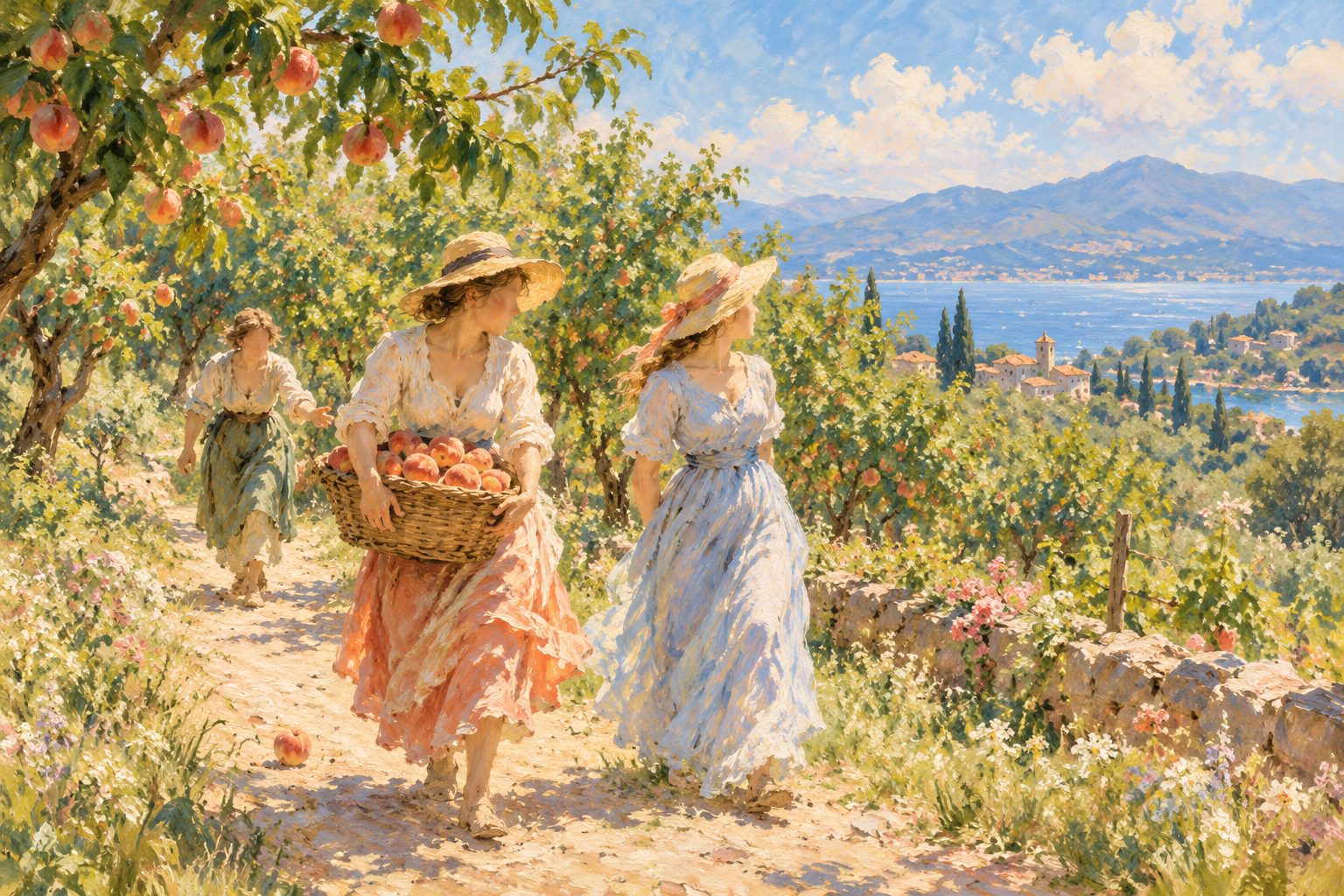 Pintura impresionista de una mujer cargando una canasta de duraznos junto a una amiga, ilustración de amigos que solo te buscan cuando te necesitan