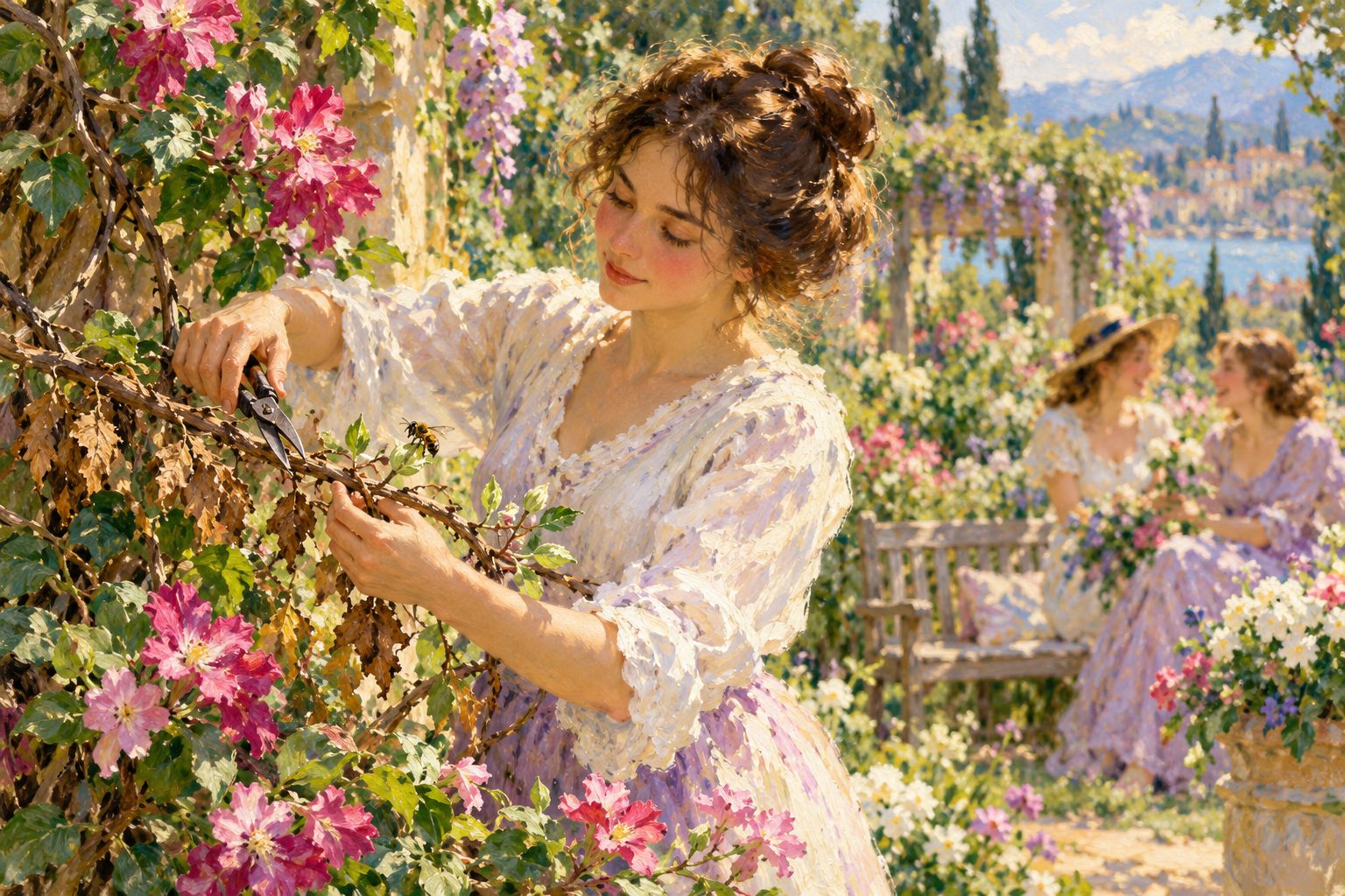 Pintura impresionista de una mujer podando una rama seca en su jardín florecido, ilustración de las señales de una amistad tóxica