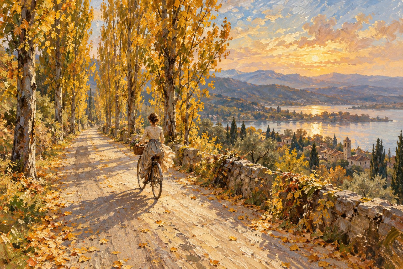Pintura impresionista de una mujer pedaleando sola por un camino de álamos, amor propio o dependencia emocional