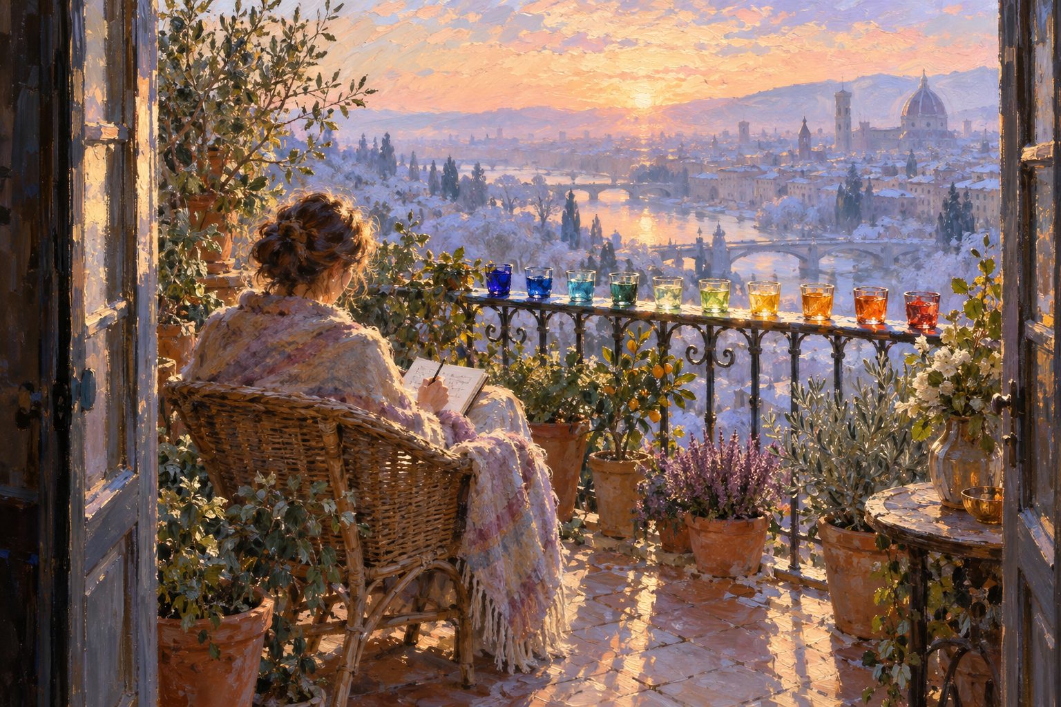 Pintura impresionista de una mujer escribiendo en una libreta en un balcón al amanecer, con vasos de agua de colores, ilustración de analfabetismo emocional