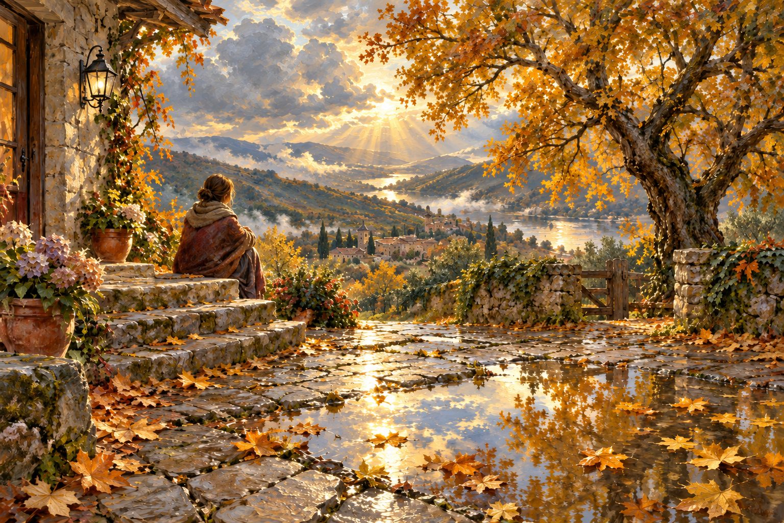 Pintura impresionista de una persona frente a un árbol de otoño tras la lluvia, ilustración del aniversario traumático