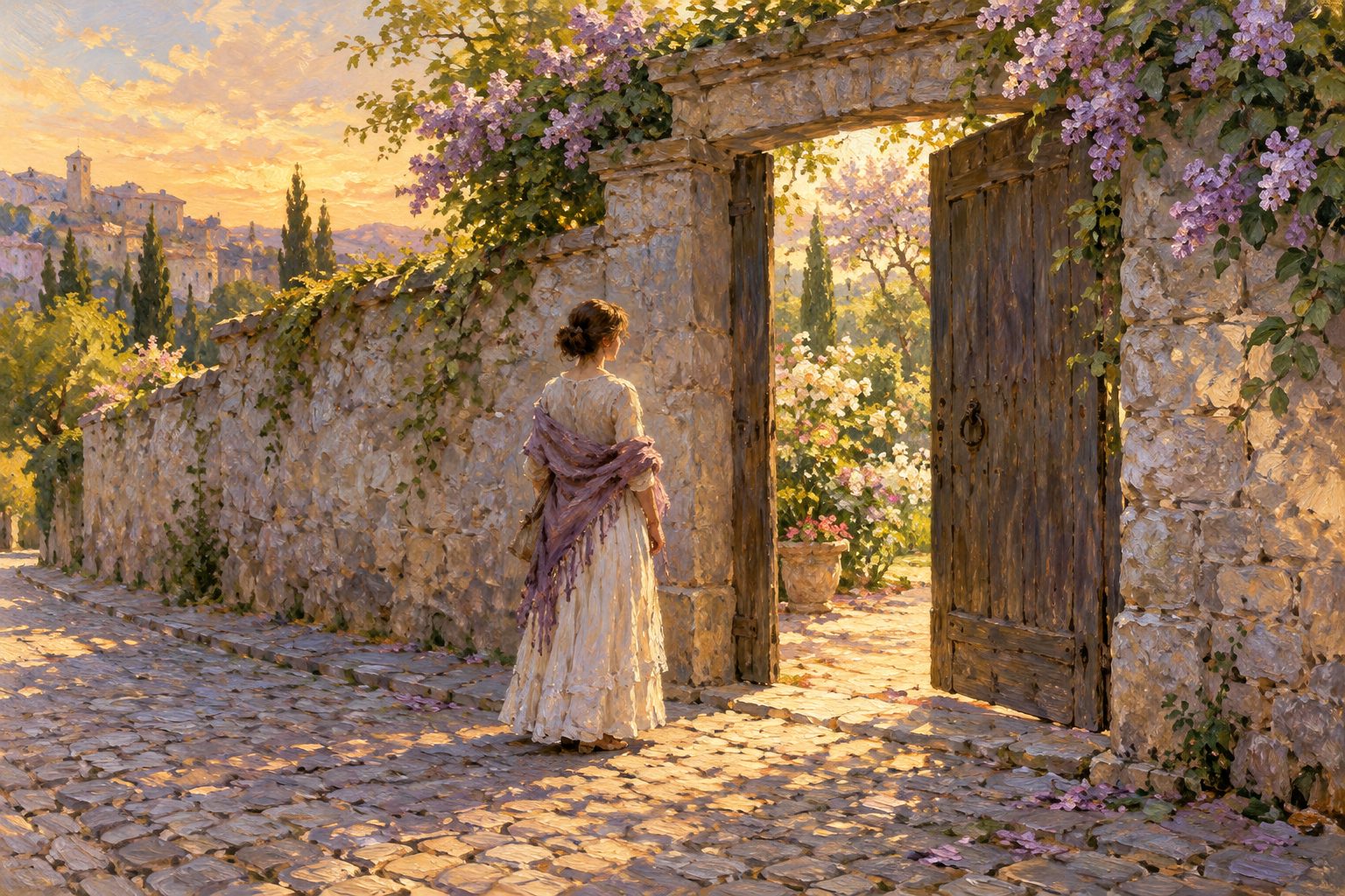 Pintura impresionista de un portón entreabierto en un muro de piedra con un jardín florecido, ilustración sobre la anorexia atípica
