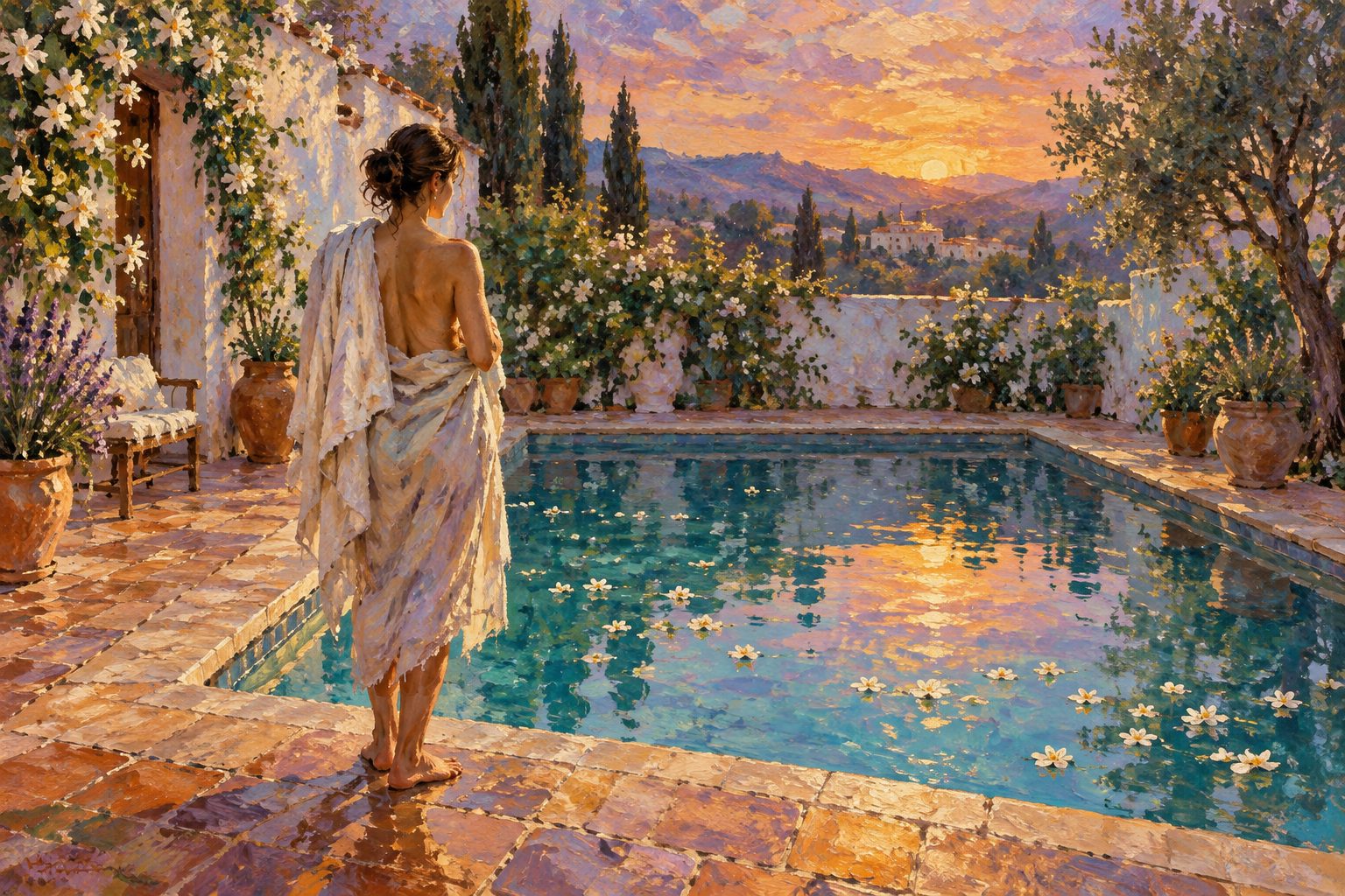 Pintura impresionista de una persona frente a una piscina quieta al atardecer, ilustración de la ansiedad de desempeño sexual