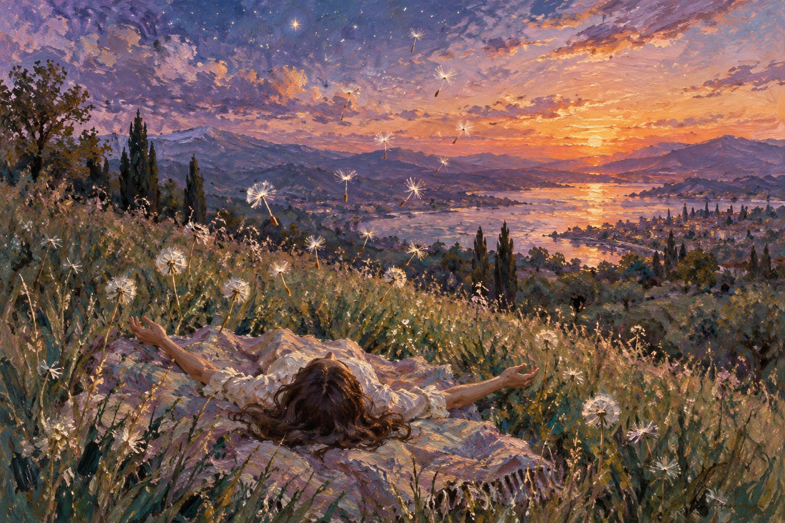 Pintura impresionista de una persona recostada mirando el cielo del atardecer, ilustración de la ansiedad existencial