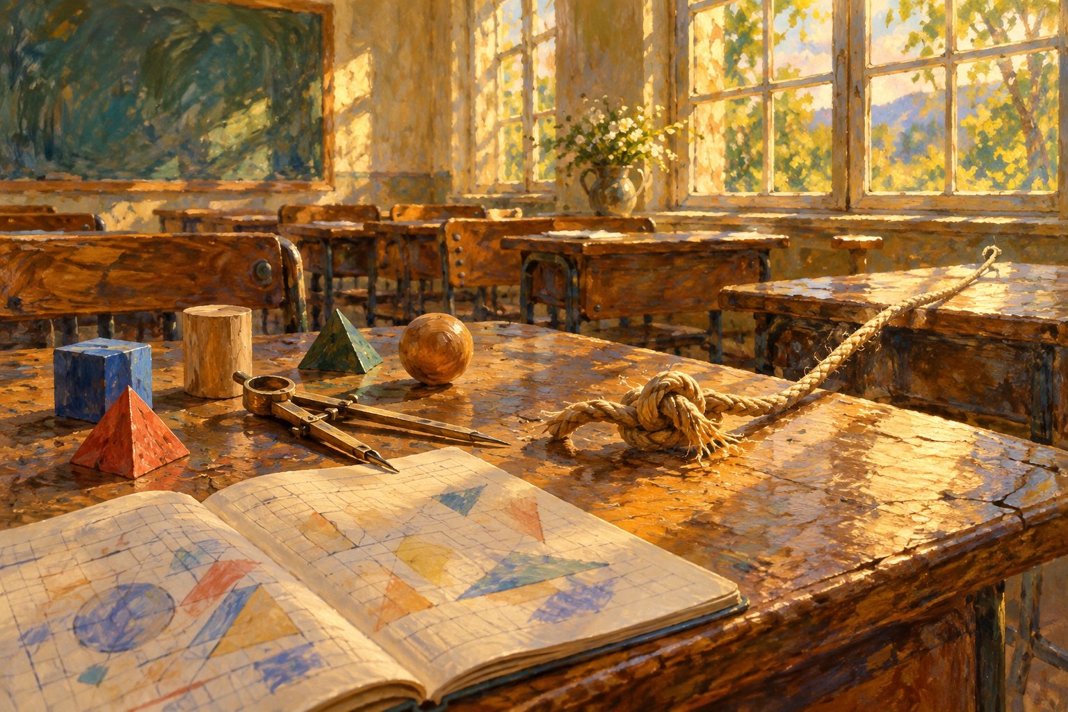 Pintura impresionista de un pupitre con compás y piezas geométricas, ilustración de la ansiedad matemática
