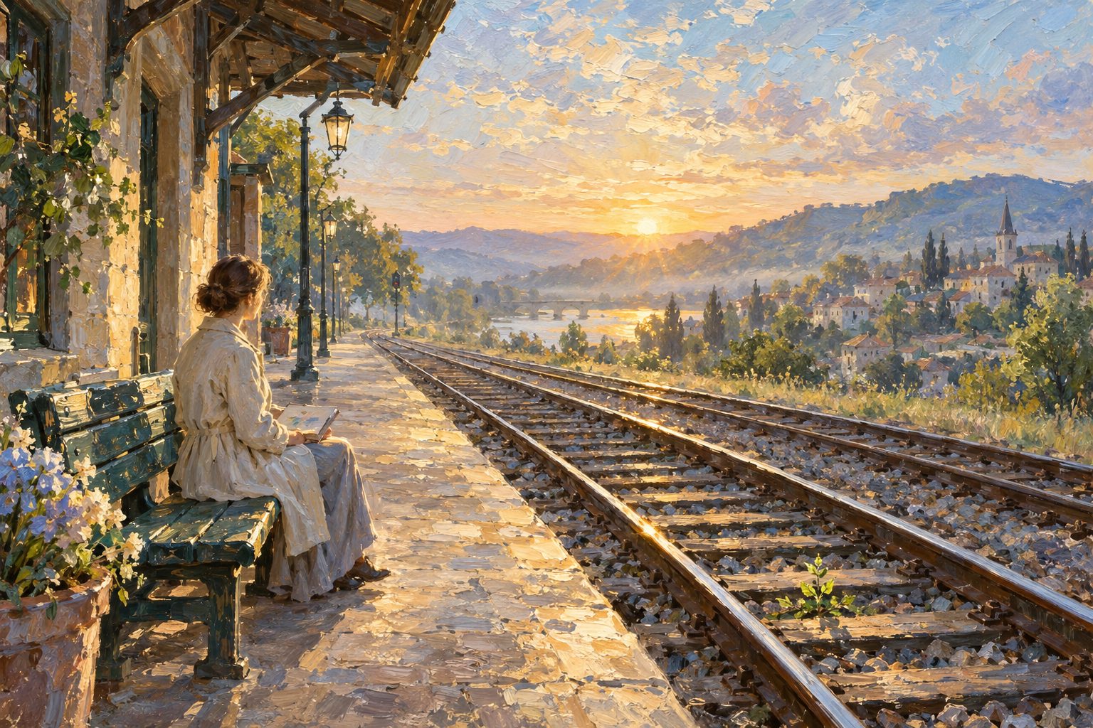 Pintura impresionista de una persona en el andén de una estación mirando los rieles hacia la luz, ilustración de la ansiedad por el desempleo