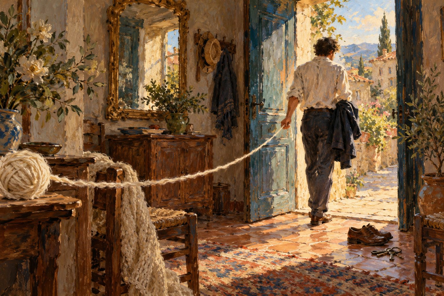 Pintura impresionista de un recibidor con una persona en el umbral, ilustración de la ansiedad por separación en adultos