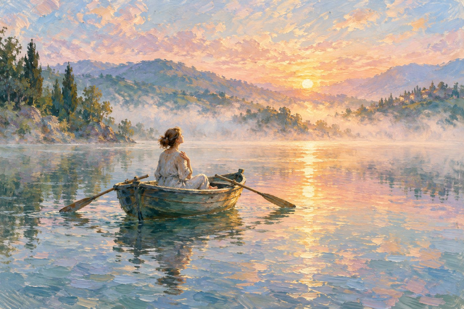 Pintura impresionista de una persona en una barca sobre un lago con bruma, ilustración de la ansiedad somática