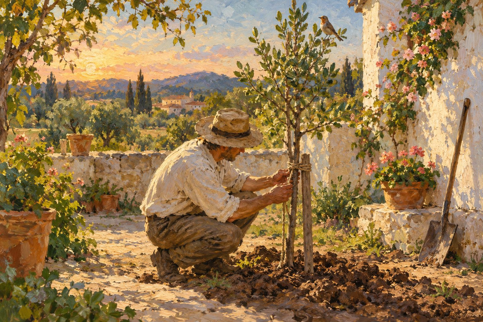Pintura impresionista de un hombre afirmando un arbolito joven a un tutor de madera, ilustración del apego ansioso en hombres