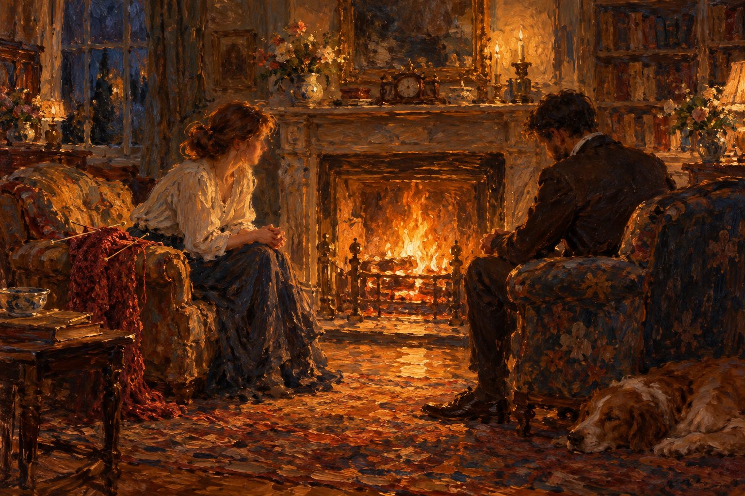 Pintura impresionista de una pareja junto al fuego sin cruzar miradas, sobre el apego evitativo en los hombres